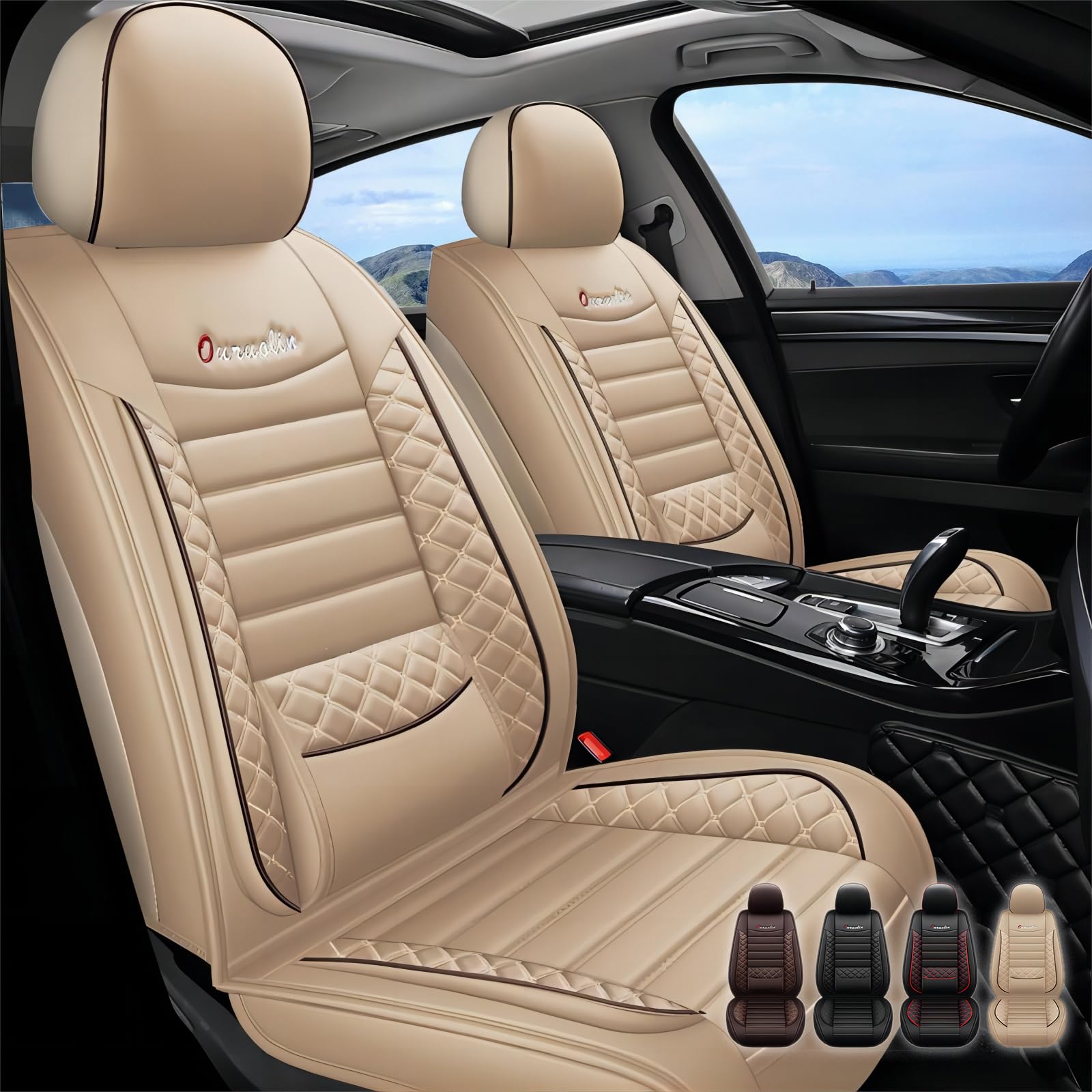 5 Seats Leather Car Seat Cover for Cars,Waterproof Breathable car seat Covers,Airbag Compatible seat Cover Cushions(Beige,Full Set)