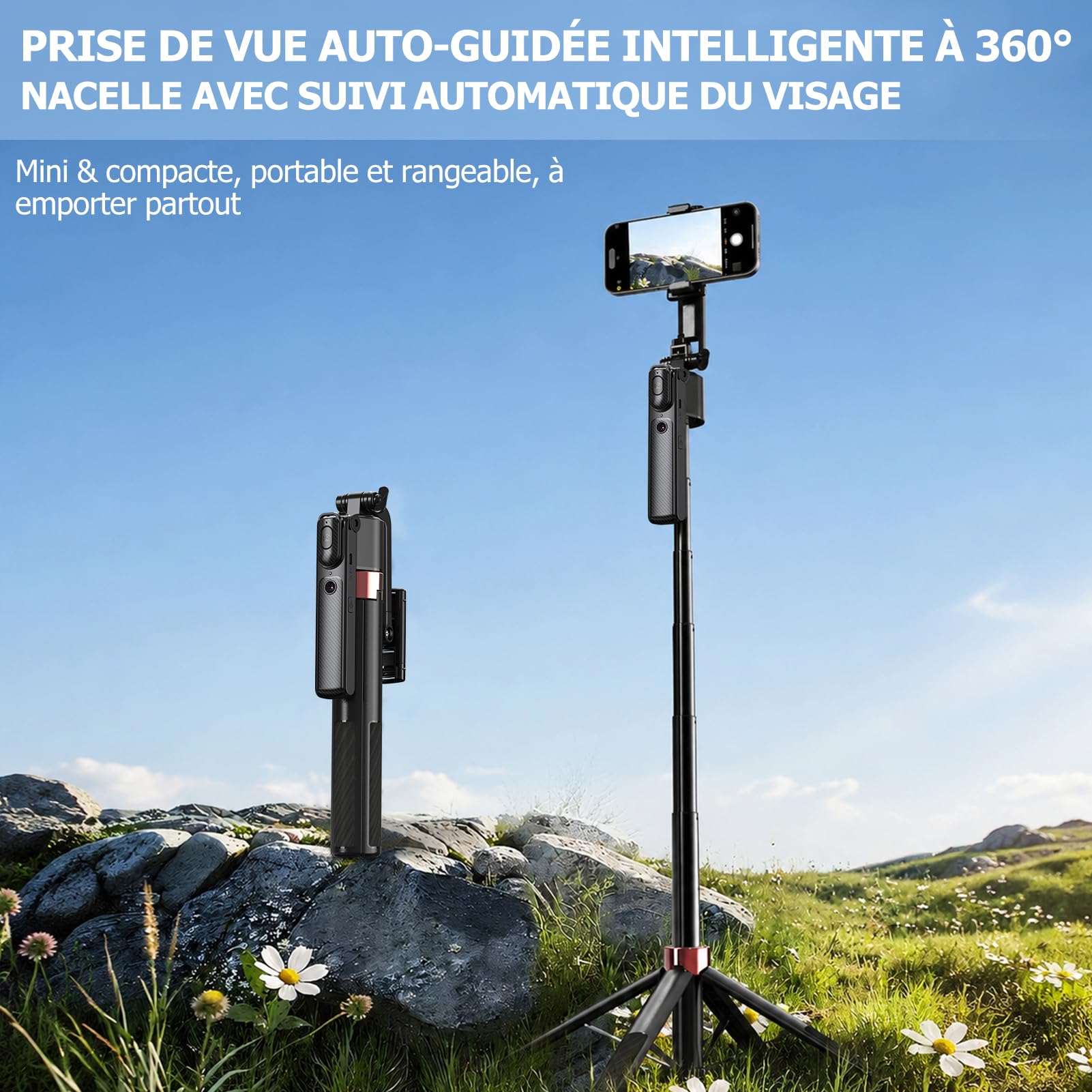 Trépied de téléphone portable pour smartphone - Rotation à 360° - Perche à selfie automatique avec 4 pieds - 160 cm - Avec télécommande - Contrôle par gestes - Pour Vlog Live Stream Travel