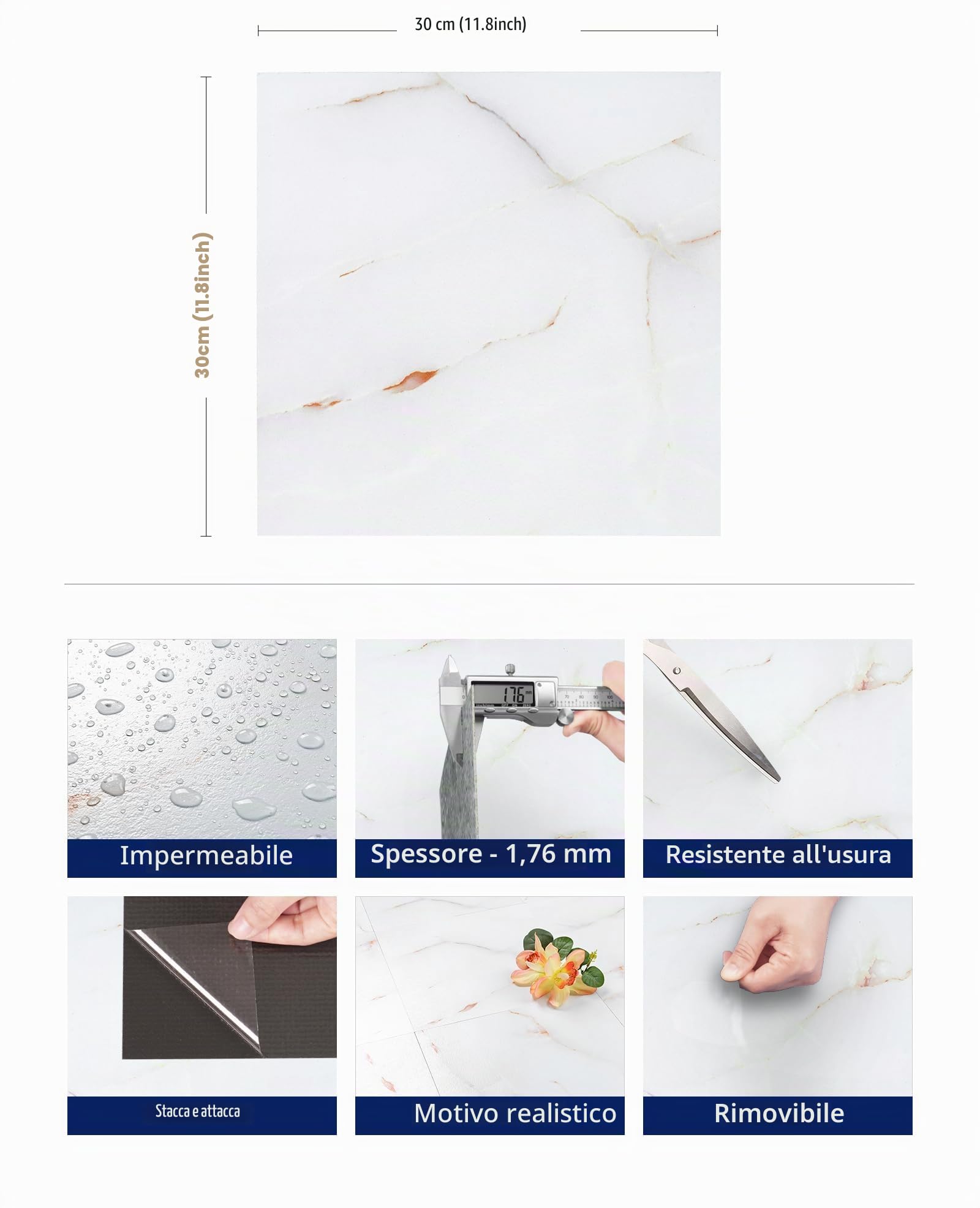 FunStick 30X30CM 30 Piastrelle Adesive Pavimento Effetto Marmo Pavimento PVC Adesivo Cucina Bagno Mattonelle Adesive Marmo Balcone Impermeabile Rivestimento Piastrelle PVC Adesive Bianco e Giallo