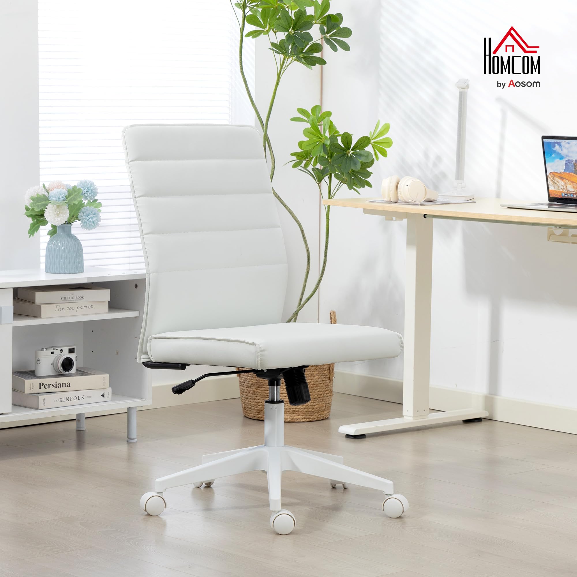 HOMCOM Sedia Ufficio Girevole in Pelle PU con Funzione Dondolo Bianco