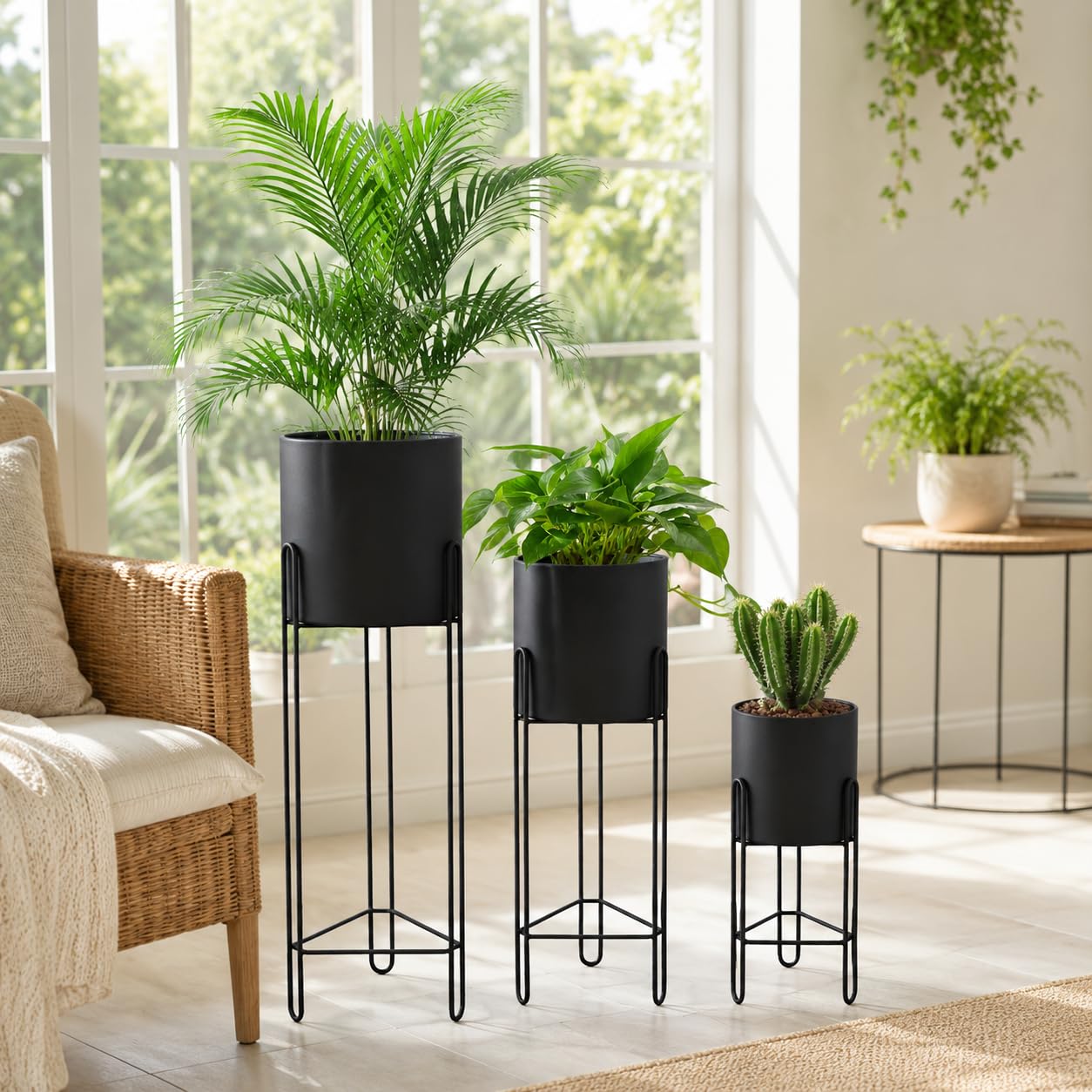 TRIROCKS Lot de 3 pots de fleurs avec support pour plantes d'intérieur de 73,7 cm, 45,7 cm et 30,5 cm pour salon, coin, cuisine, bureau, jardin, balcon, terrasse (noir)