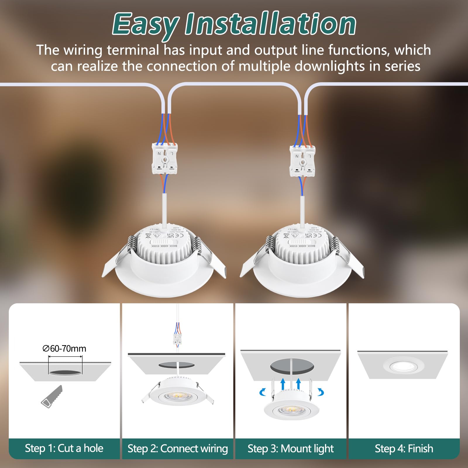 KYOTECH LED Einbaustrahler Dimmbar 230V, 5W 550LM Austauschbare Lichtquelle Deckenspots 3000K/4000K/6500K, LED Spot Flach IP44 Einbauleuchten 60-70mm für Badezimmer, Weiß 6er Set (Nicht Drehbar)