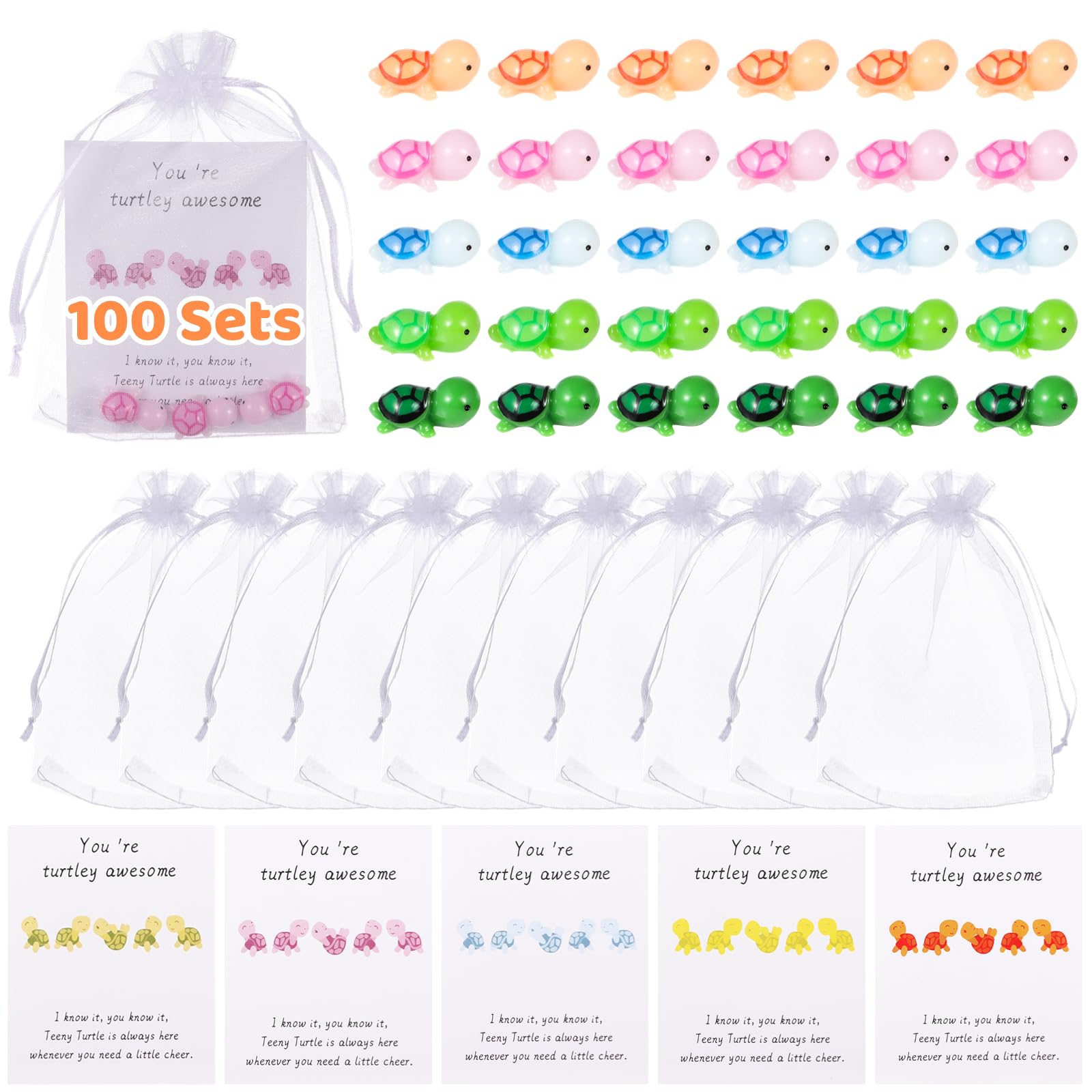 YOFAPA 100 Sets Inspirational Turtle Gifts, 100 Thank You Note Cards Greeting Cards, 100 Mini Sea Turtle Figures, 100 Organza Bags for Appreciation Pocket Favors