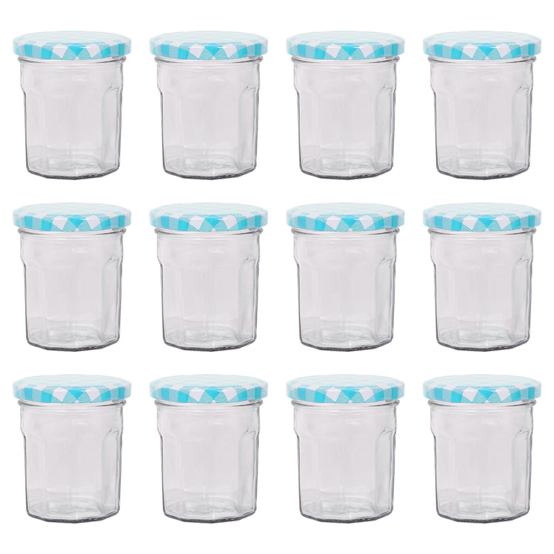 Argon Tableware Blue Gingham Lids Glass Jam Jars With Airtight - 150Ml - Pack Of 12 - Empty Screw Top Kitchen Storage Jar For Food, Honey, Spice, Pickling, Preserving, Candle Making
