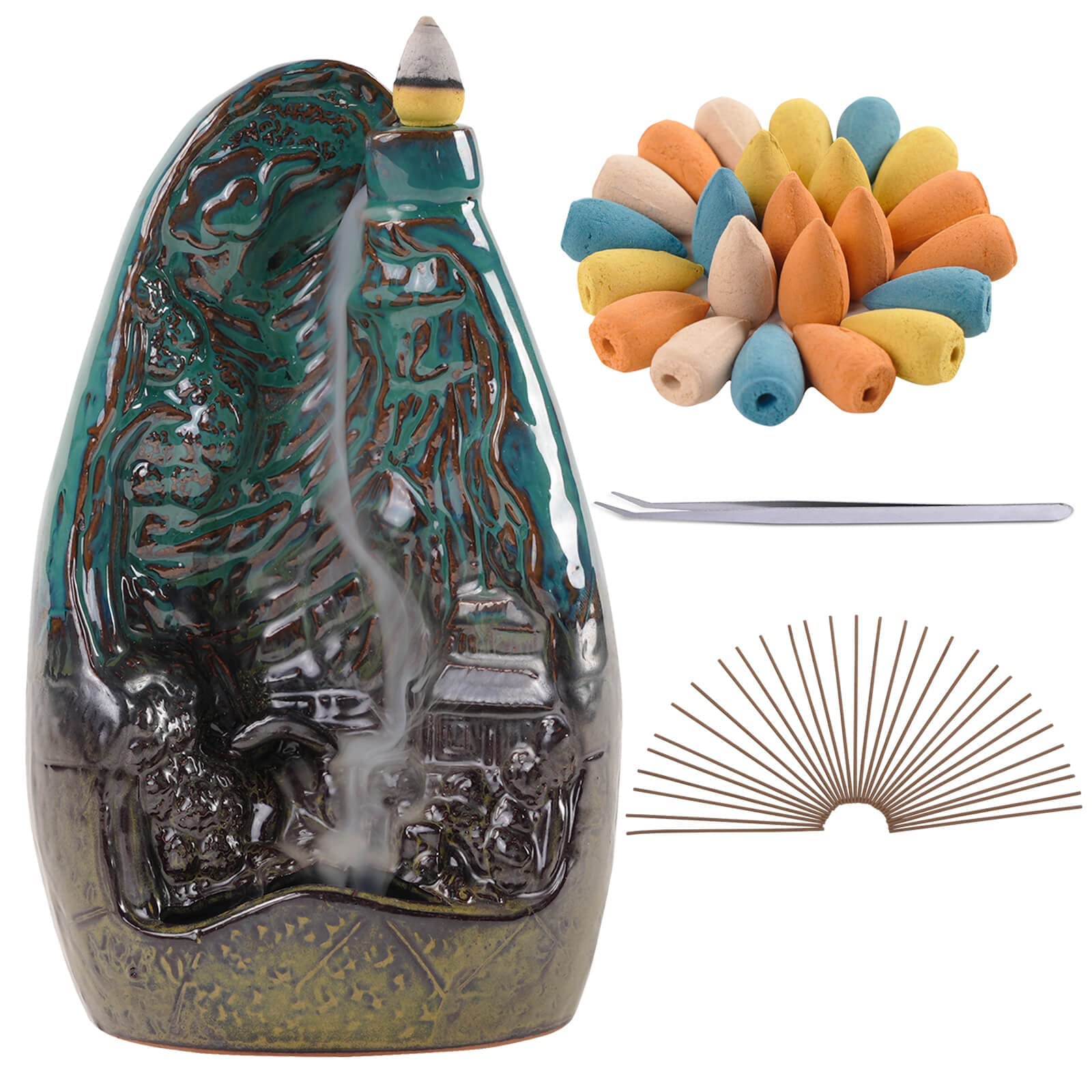 Herbtale Blue Incense Waterfall - Backflow Incense Burners - 160Pcs Backflow Cones + 30 Incense Stick For Relaxation, Purification, Meditation, Yoga Gift