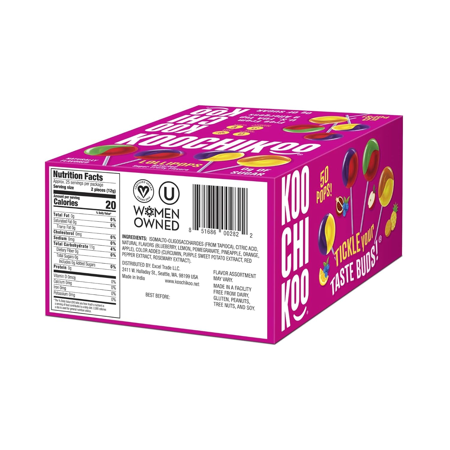 Koochikoo Sugar Free Lollipops Variety Box, Assorted Fruit Flavors, No Sugar Added, Gluten Free & Certified Vegan, 50 CT Lollipops/Box (Pack of 2 Boxes)