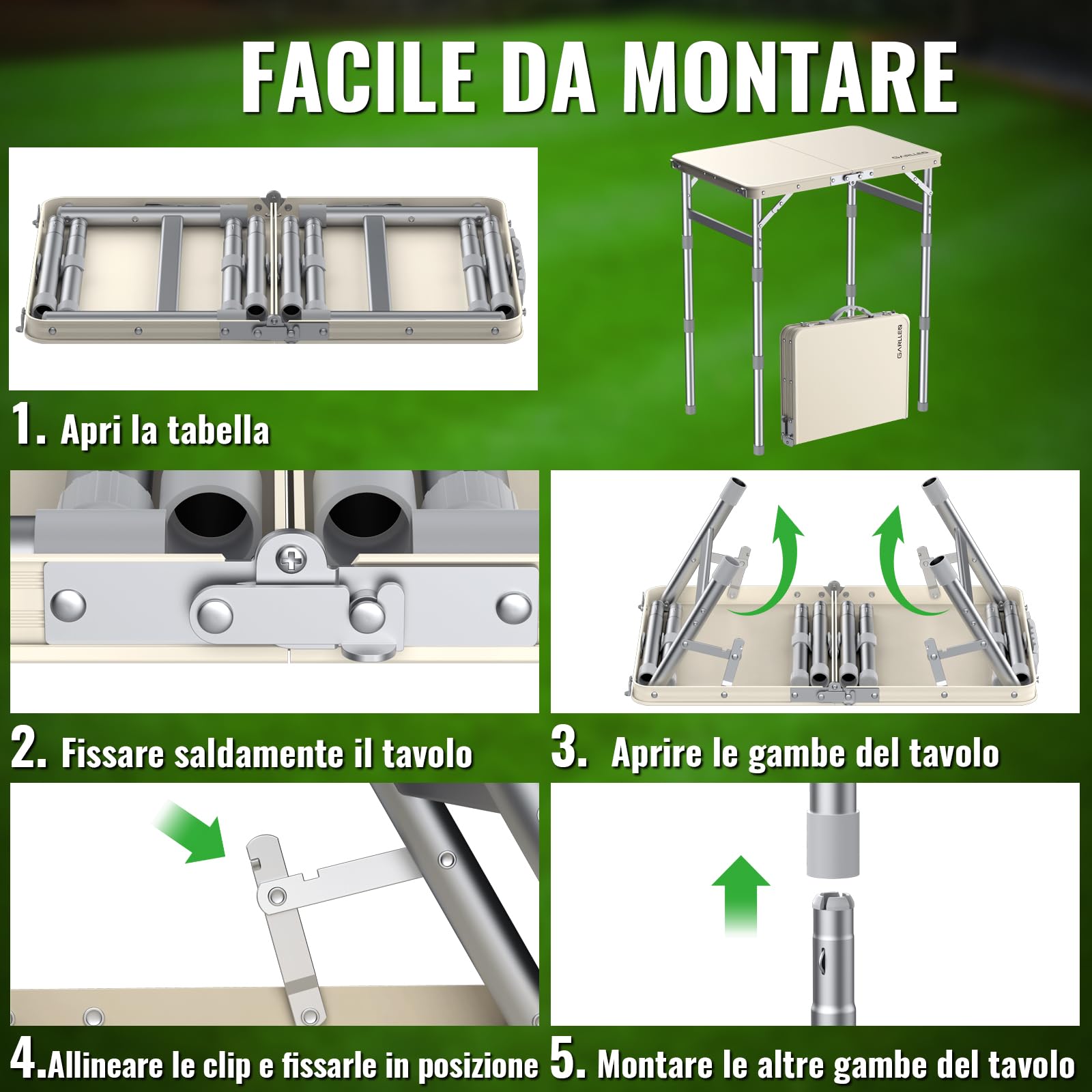 GARLLEN Tavolino da Campeggio Pieghevole,58x40 cm,Piano in Plastica-Bianco | 3 Altezze Regolabili(26/48/70cm),Leggero e Portatile,Tavolo Multifunzionale per Pesca Barbecue Balcone/Portata Massima 30KG