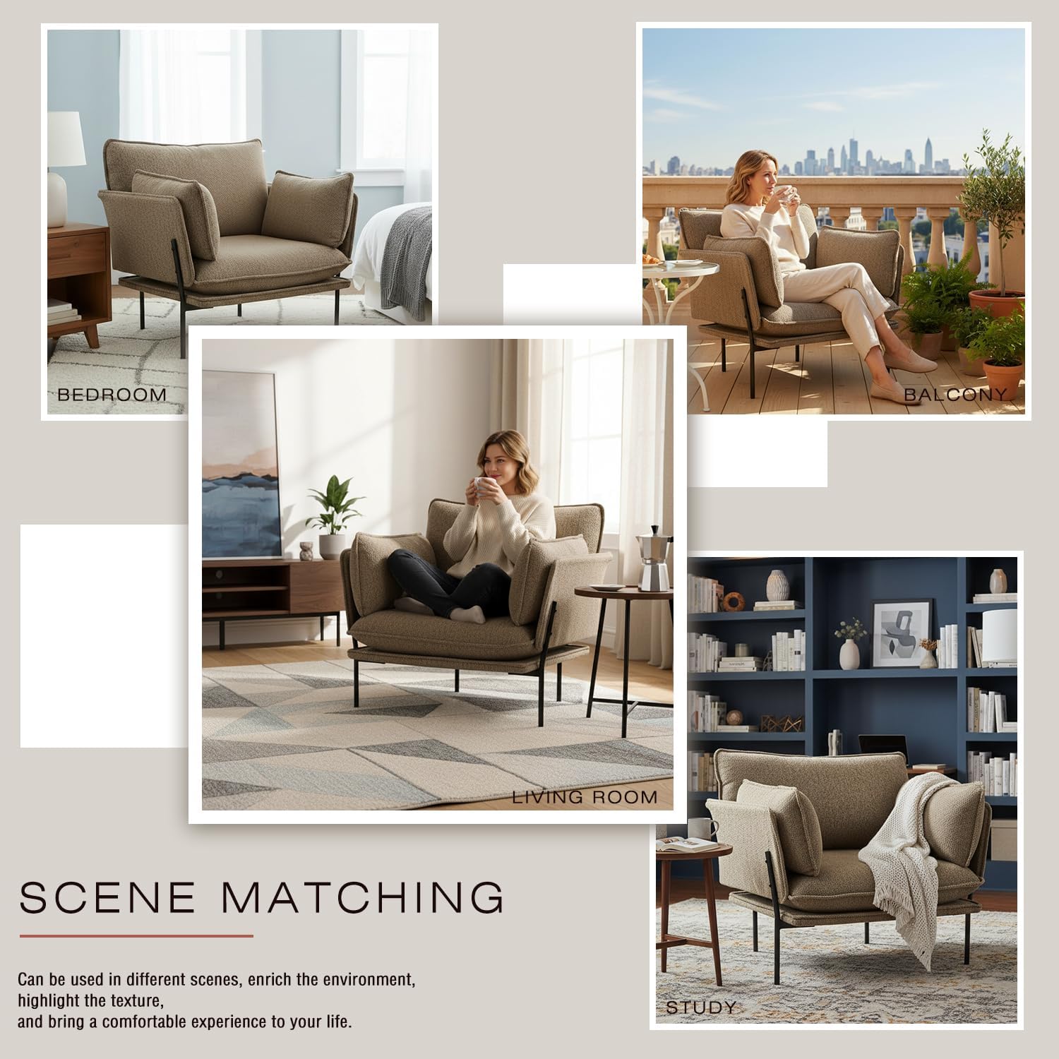 Modern Boucle Accent Chair for Living Room Chairs, Oversized Upholstered Reading Chair Lounge Armchair with Sturdy Metal Legs, Comfy Single Sofa Chair for Living Room,Bedroom,Balcony (Brown)