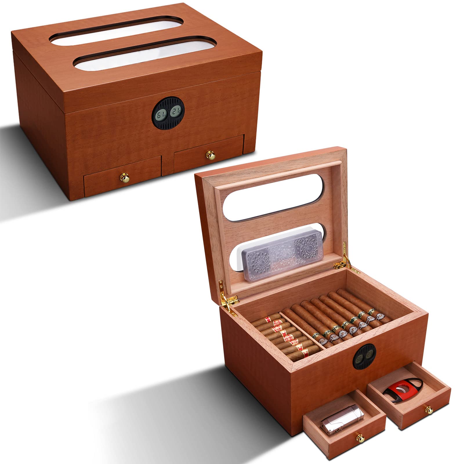 CIGARLOONG Cigar Humidor with Hygrometer and Humidifer Cedar Wood Holds 80 Cigars with Accessories 2 Drawers Glass Top for Home/Office
