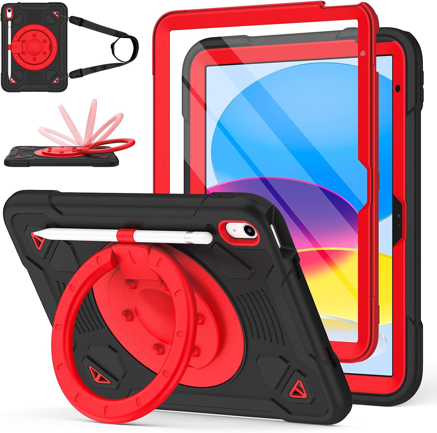 for iPad A16 Case 11th Generation 11 inch 2025 /iPad 10th Generation Case for Kids 10.9" 2022 with Screen Protector/ 360° Rotating Stand/Shoulder Strap/Pencil Holder Rugged Cover (Black Red)
