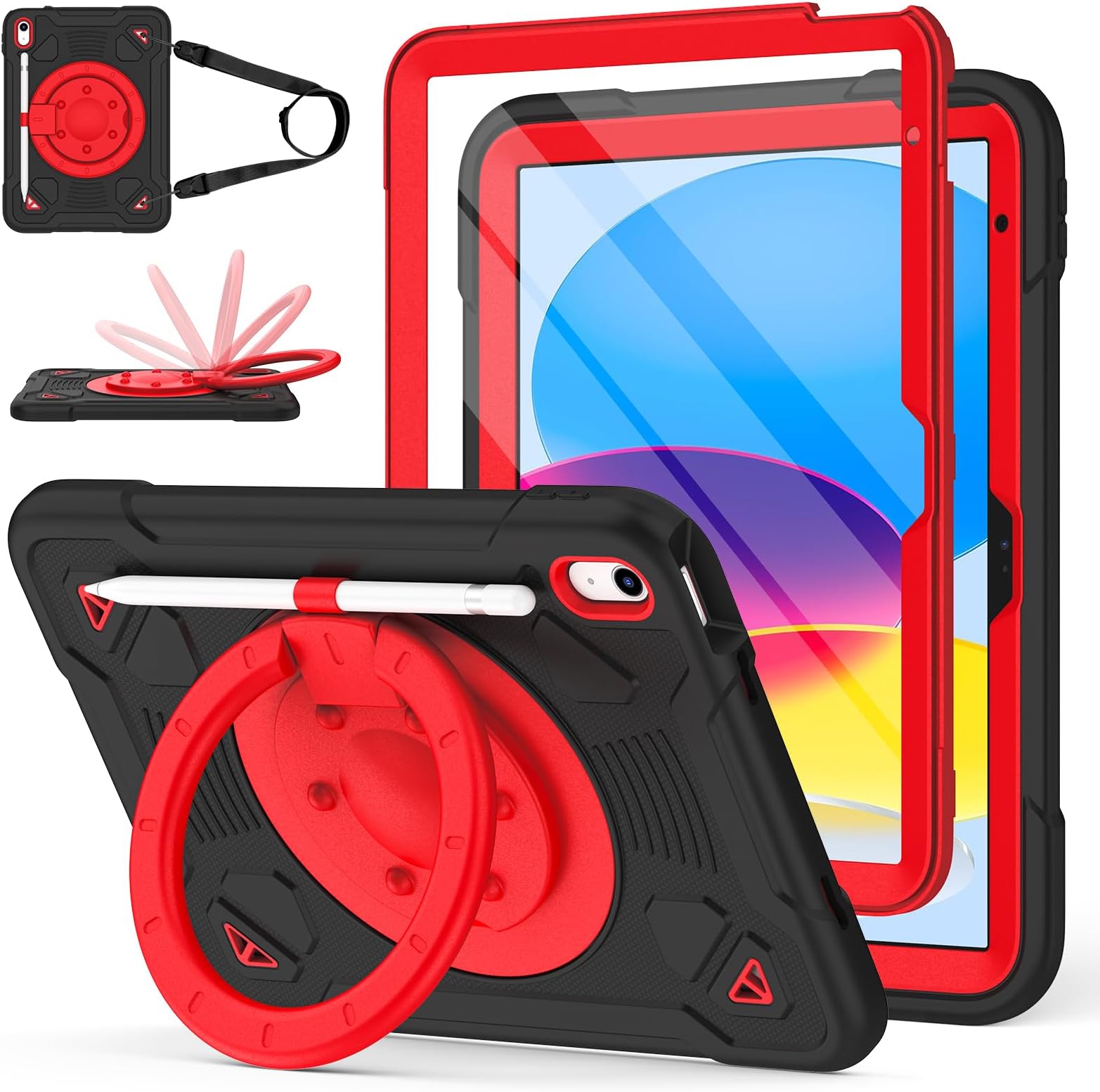 for iPad A16 Case 11th Generation 11 inch 2025 /iPad 10th Generation Case for Kids 10.9" 2022 with Screen Protector/ 360° Rotating Stand/Shoulder Strap/Pencil Holder Rugged Cover (Black Red)