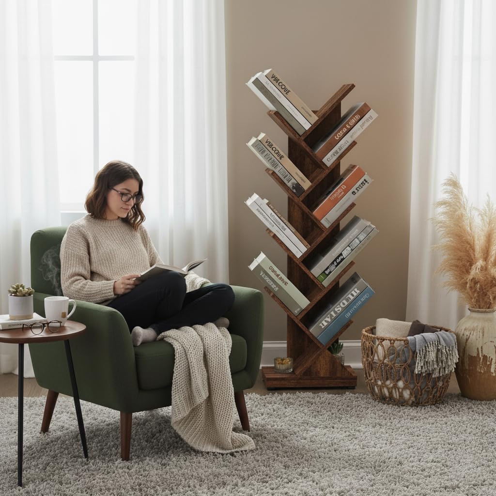 ruboka 9 Tier Tree Bookshelf, 9 Shelf Floor Standing Bookcase Display for CDs/Magazine/Books, Retro Bookshelf for Bedroom, Living Room, Office,Balcony