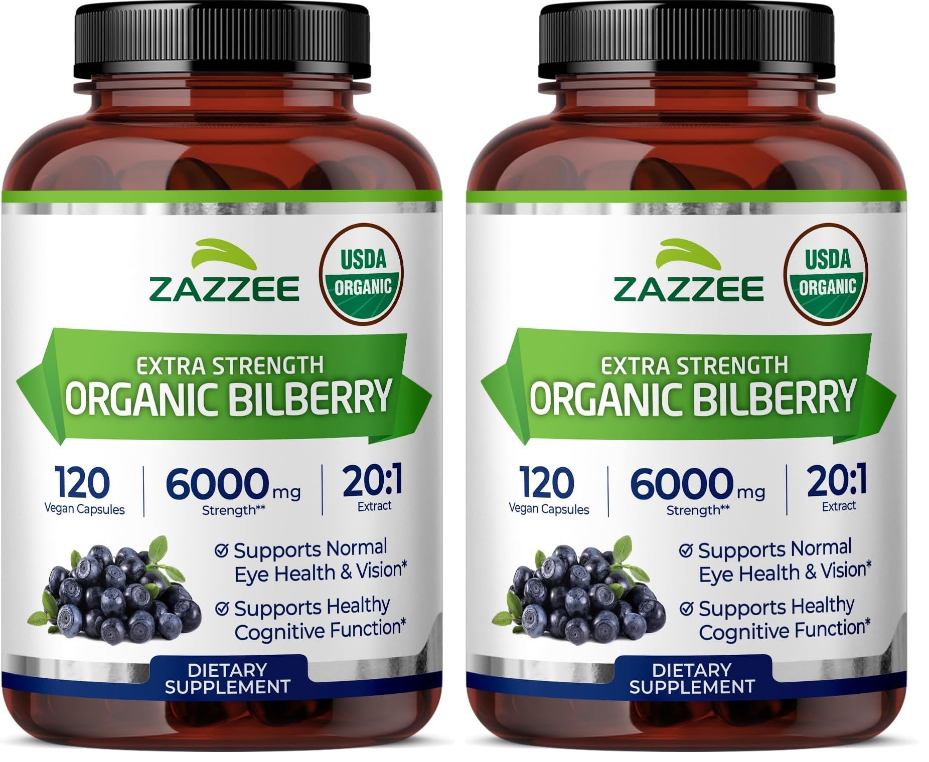 Zazzee USDA Organic Bilberry 20:1 Extract, 120 Vegan Capsules, 4 Month Supply, Vaccinium Myrtillus, Eye Health, Vision & Antioxidant Support, All-Natural, Non-GMO, Made in the USA (Pack of 2) 120 Count (Pack of 2)