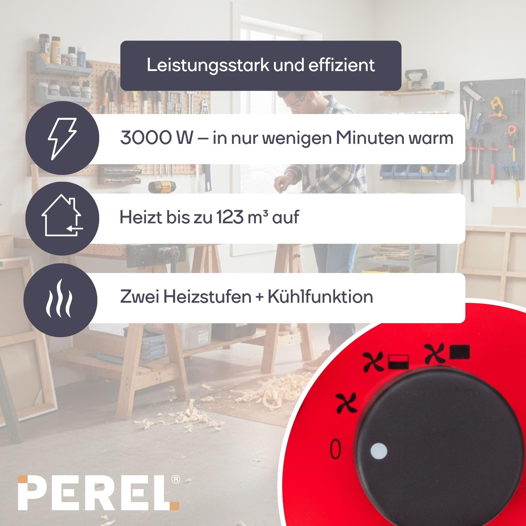 Perel Elektrischer Heizlüfter 3000W, 2 Heizstufen, Thermostat und Kühlfunktion, IP24, Überhitzungs- und Kippschutz, kompakter tragbarer Heizstrahler für Werkstatt, Garage oder Schuppen