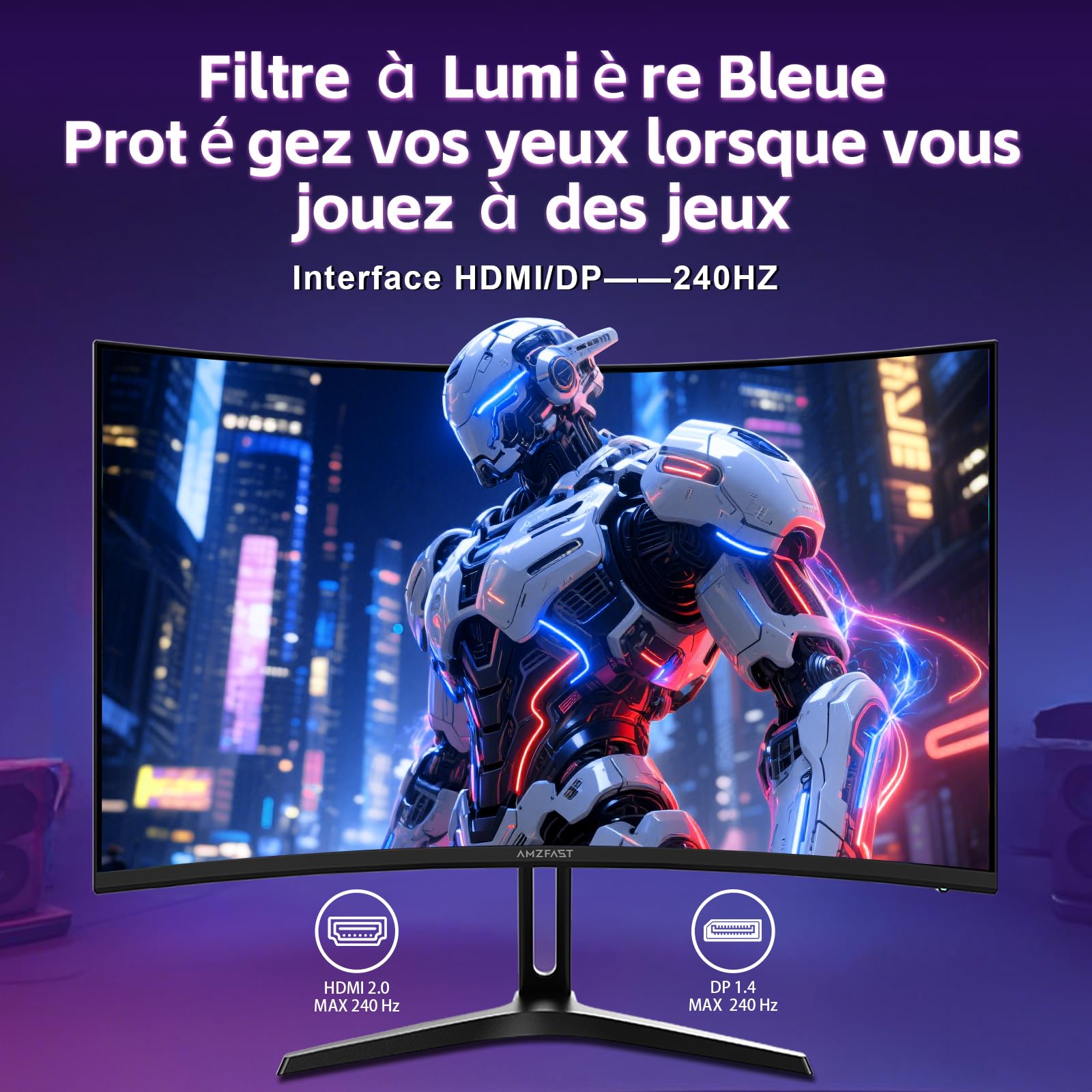 Amzfast Écran PC Gamer Incurvé 24 Pouces 240Hz/FHD 1920x1080, DCI-P3 93% / sRGB 124%, 1ms MPRT, Anti-Lumière Bleue, Adaptive Sync, VESA 75x75, AMZG24C1Pro