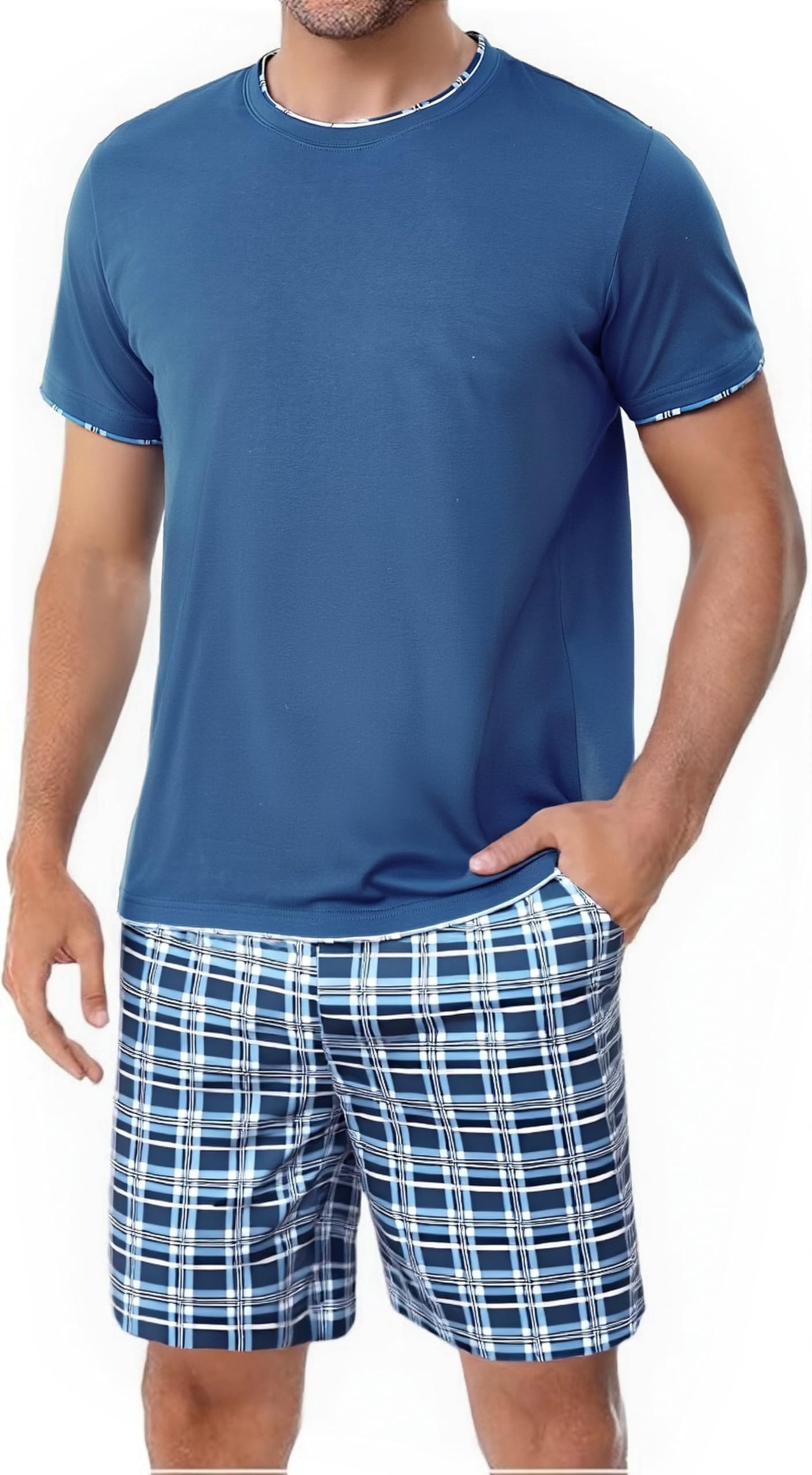Litherday Schlafanzug Herren Kurz Pyjama Baumwolle Kurzarm Zweiteiliger Pyjama Set Nachtwäsche Kurzarm Oberteil und Karierte Schlafanzughose Hausanzug Sleepwear Weich und Hautfreundlich