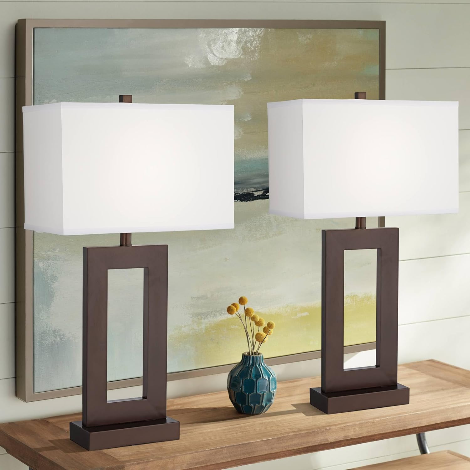 360 Lighting Marshall 30 1/4" Tall Open Window Large Modern End Table Lamps Set of 2 Brown Bronze Finish White Shade Living Room Bedroom Bedside Nightstand House Office Home Reading Kitchen Entryway