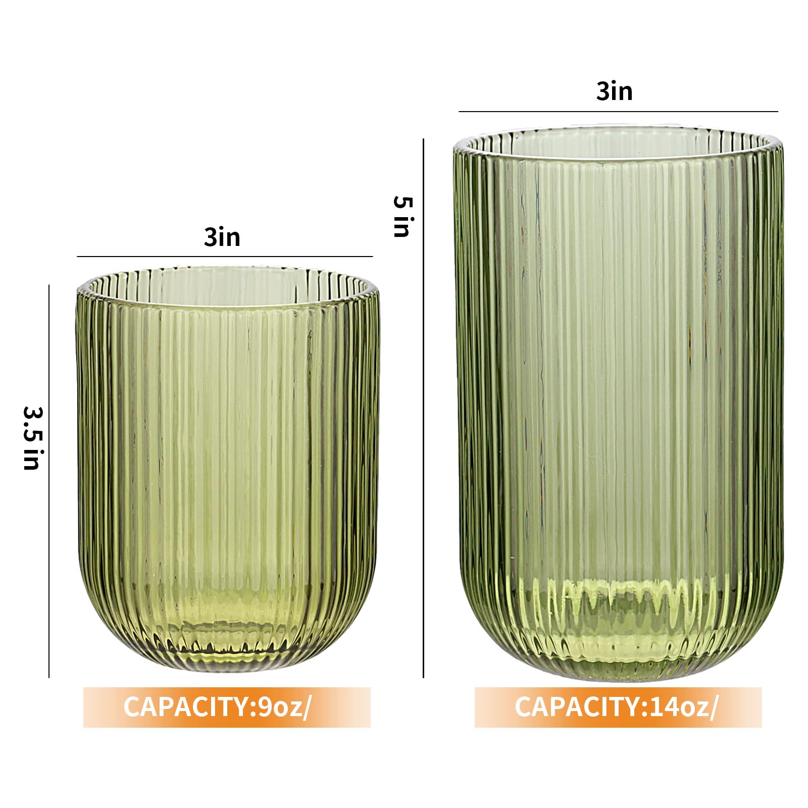 Juego de 8 vasos de cristal acanalados, 4 vasos altos de 14 onzas y 4 vasos de 9 onzas, verde, estilo origami, diseño estriado, para cerveza, agua, cóctel, jugo, whisky, regalo