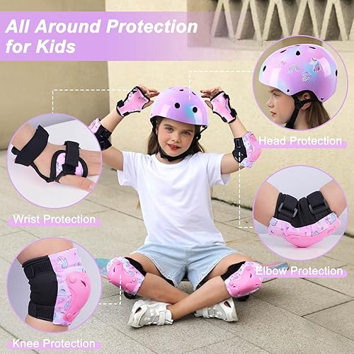 Miniatura 2 de Casco para niños, casco de bicicleta para niños pequeños con calcomanías de bricolaje, rodilleras y coderas de unicornio, conjunto de equipo de