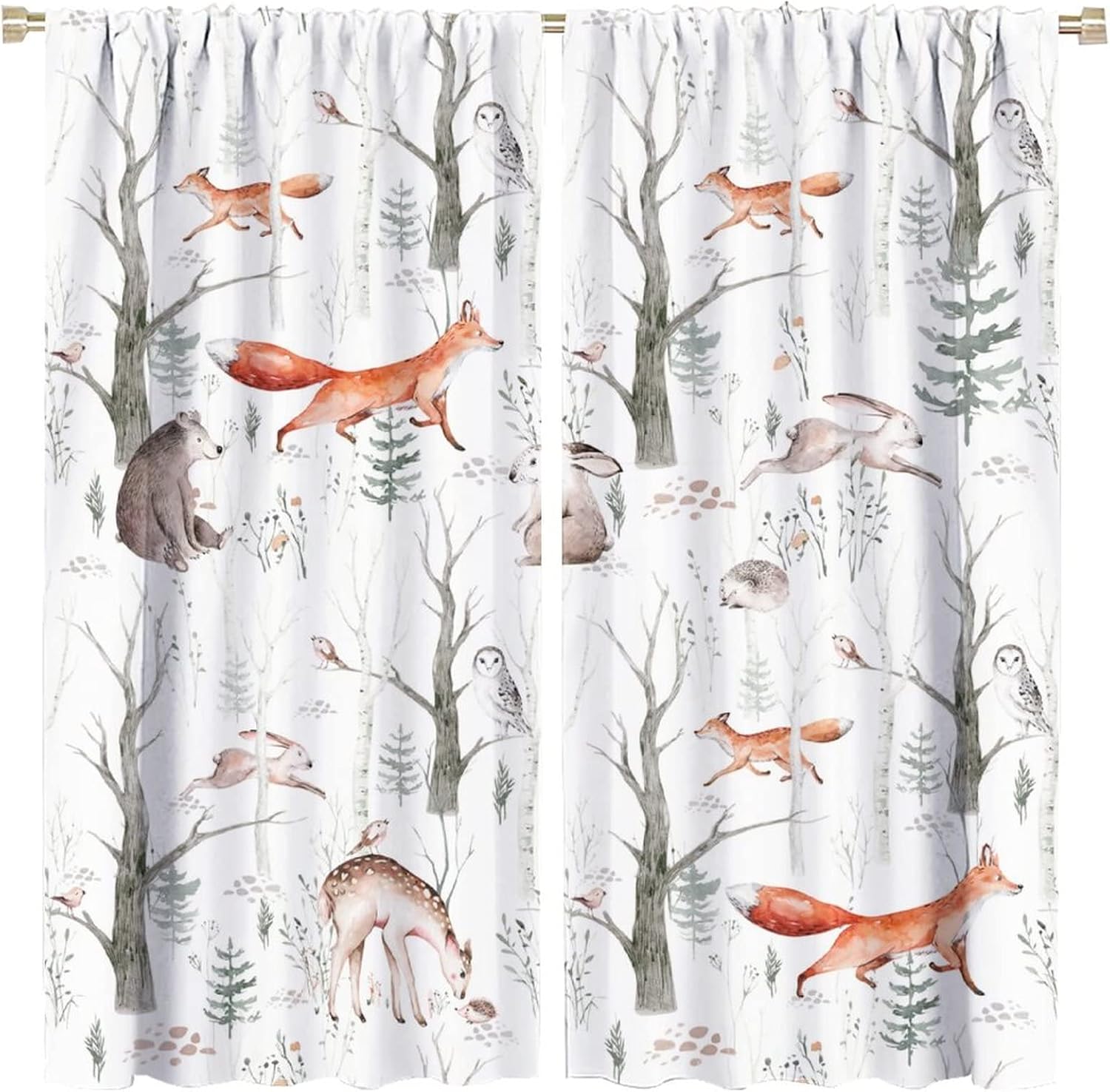 Rustic Forest Animal Curtains,Cartoon Wildlife Woodland Deer Bear Rabbit Fox Watercolor Jungle Curtains for Child Nursery Baby Boy Girl Bedroom Living Room Window Drapes 2 Panel Set 84" x 84"