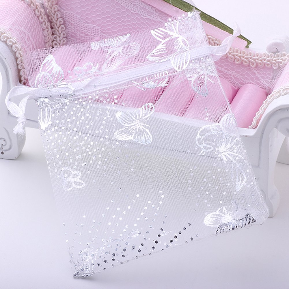 Wudygirl 100pcs 3.54X4.72 Inch Drawstring Organza Bag Storage Rings Earrings Wedding Favors Baby Shower Seashell Candy Bags Wom(100pcs White Butterfly)