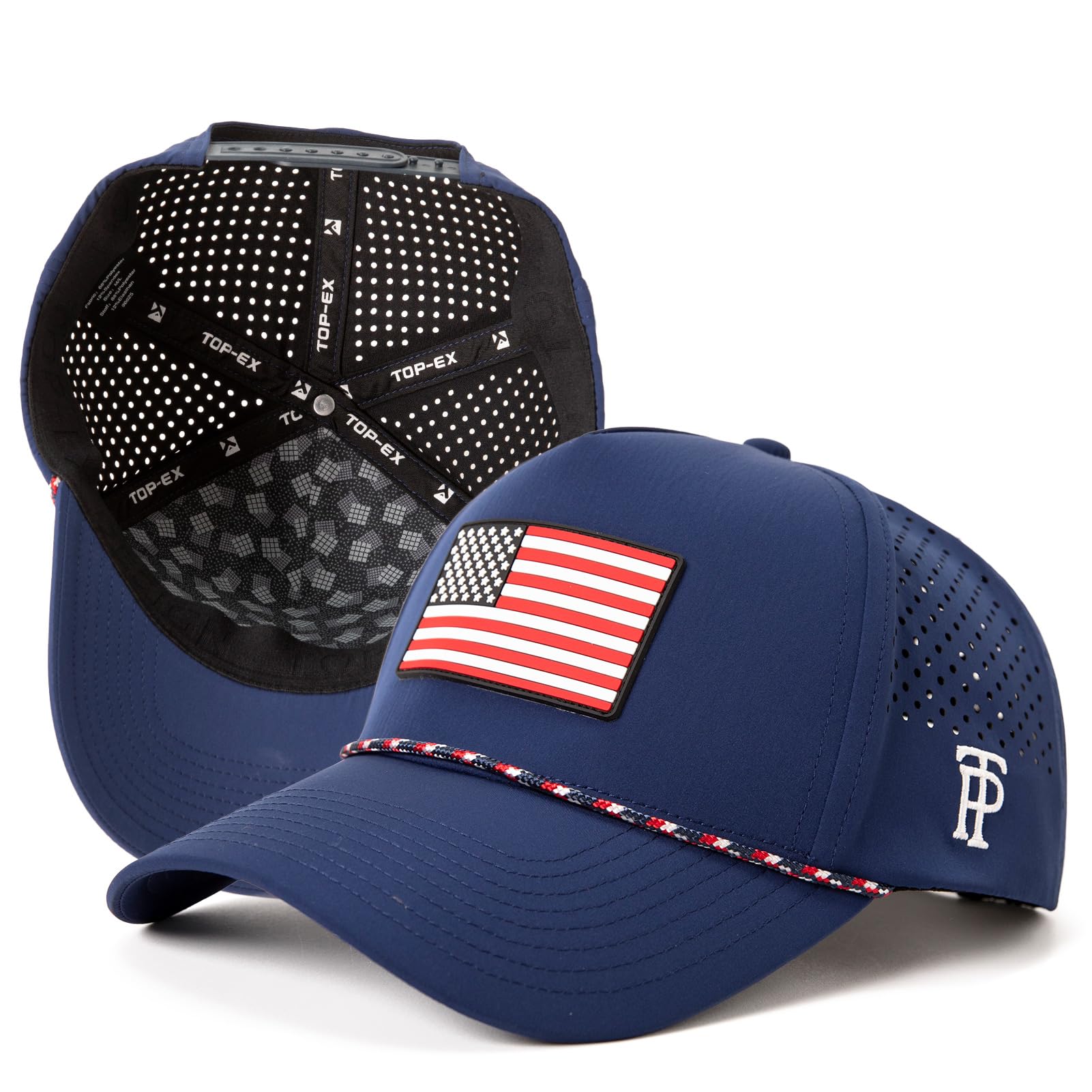 Photo 1 of TOP-EX Performance Rope Snapback Hat Water-Resistant Beathable Baseball Cap for Men Golf Workout Gym Hat Navy Blue USA Flag Medium Large
