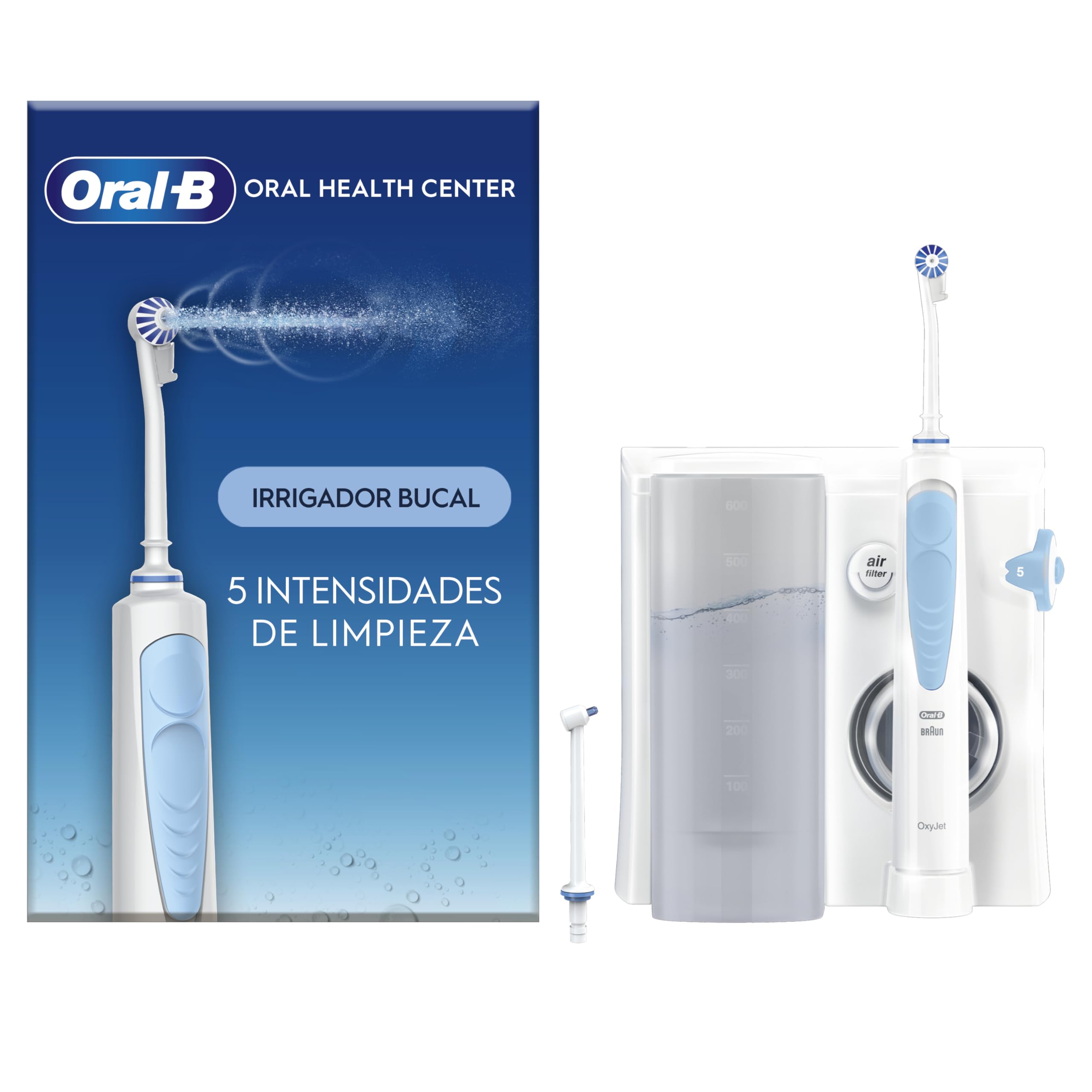 Oral-B Centro de Salud Bucal con Irrigador Dental, Blanco/Azul - 1 Cabezal Oxyjet y 1 Cabezal Water Jet, Irrigador Bucal con 5 Modos de Presión de Agua, Regalos Orginales GreenCircle Certified: Certified Environmental Facts Label