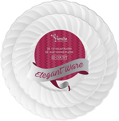 PLASTICPRO Juego de 32 elegantes platos desechables de plástico que incluye 16 platos llanos y 16 platos de ensalada, platos de fiesta resistentes y