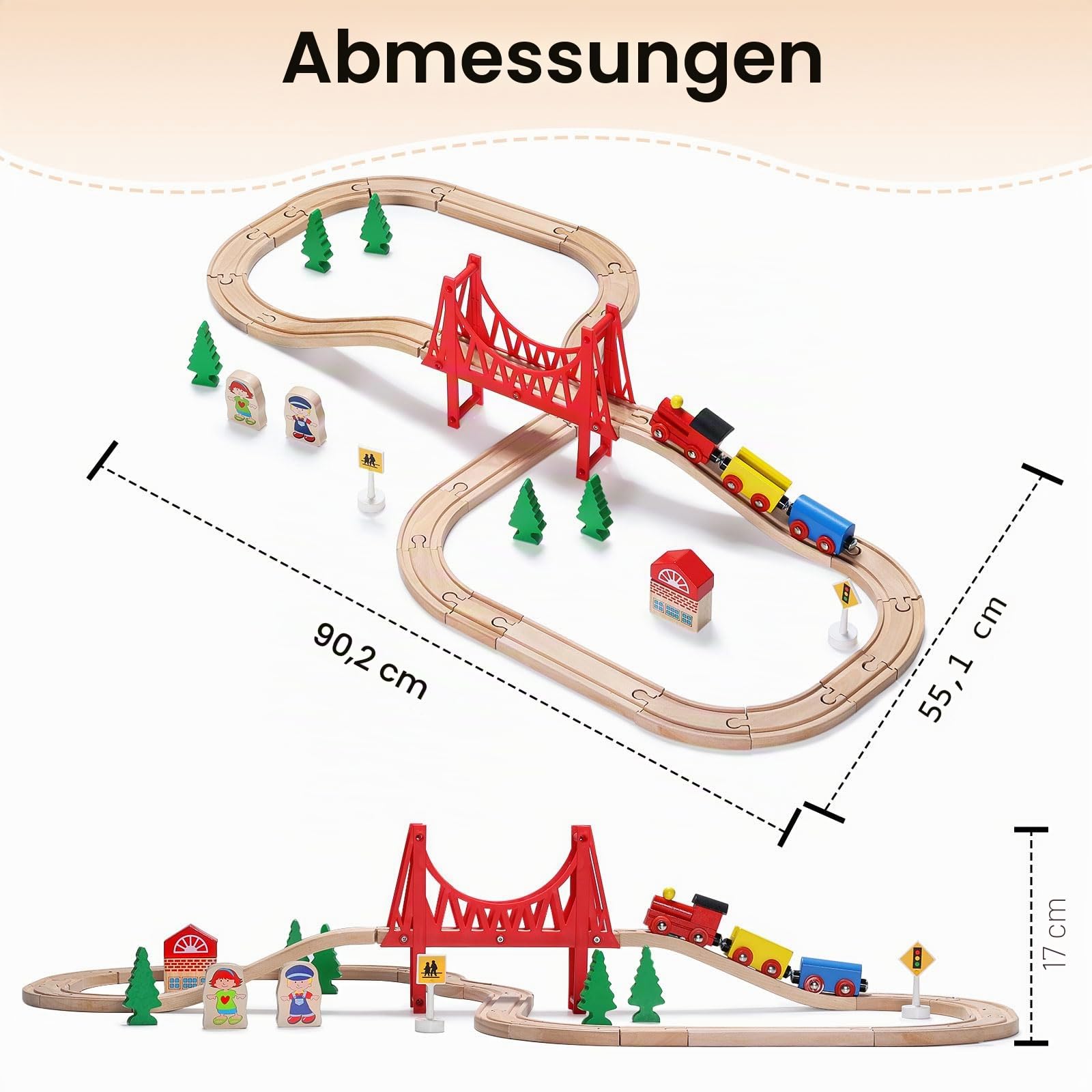 SainSmart Jr. Holzeisenbahn Set 37 Teile, Eisenbahn Starterset für Kinder ab 3 Jahren, kompatibel mit Thomas, Brio & Eichhorn, Holz Zug Set mit Brücke & Zubehör
