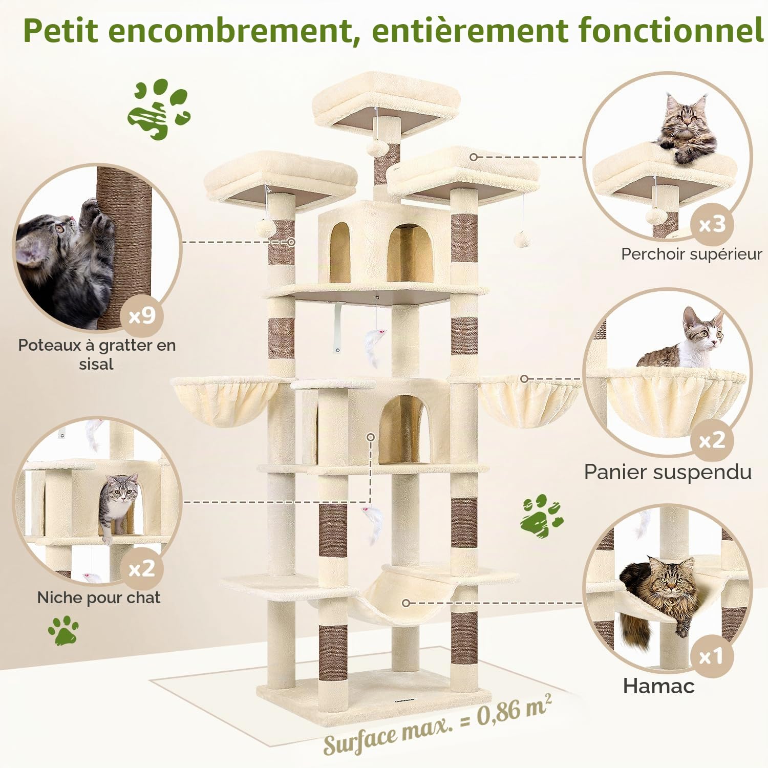 Globlazer Arbre à Chat Grand Beige, Arbres a Chats XXL Hauteur 204 cm avec 3 Perchoirs Rembourrés, 2 Niches, 2 Paniers, Hamac, Tour de Chat Stable pour 3-5 Chats Adulte Repos Jeu Gratter (F80, Beige)