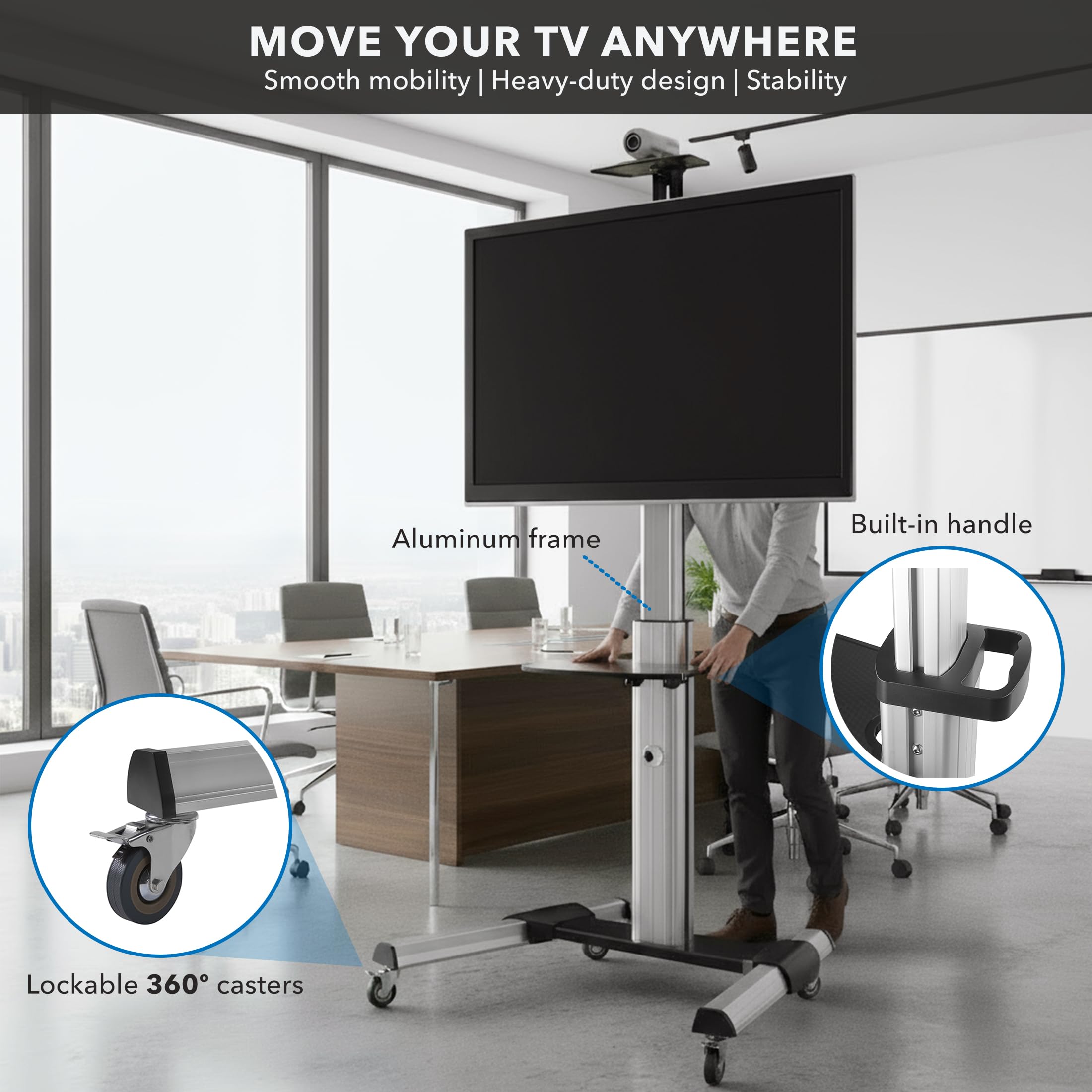 Support TV Mobile Roues Verrouillables - 32-75" - VESA 600x400 - 68kg Max - 2 Plateaux