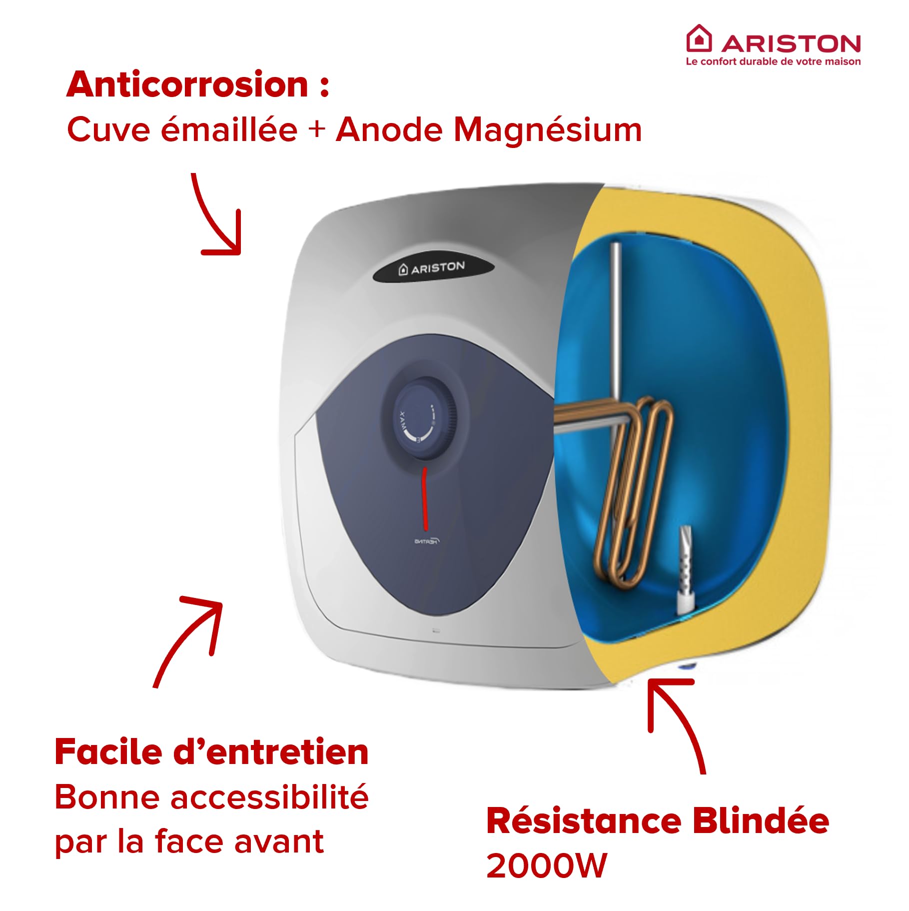 Ariston Blu Evo RS 10L - Scaldabagno Elettrico 10 Litri Compatto Sottolavandino, Potenza 2000W, Ideale Cucina o Bagno - Progettato e fabbricato per essere installato in Francia