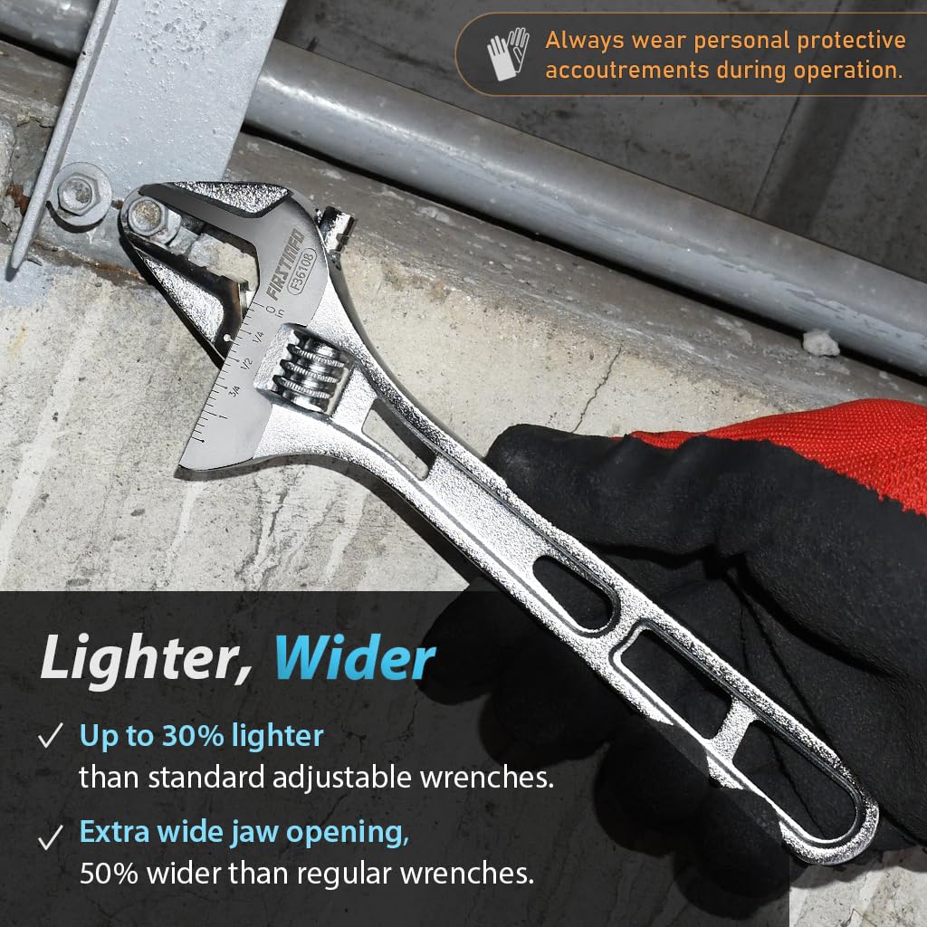 FIRSTINFO F36108 | 8"/200mm | Llave Ajustable | 32mm Capacidad Máxima de Apertura | Escalas Métrica y SAE | Construcción en Acero Cromo-Vanadio