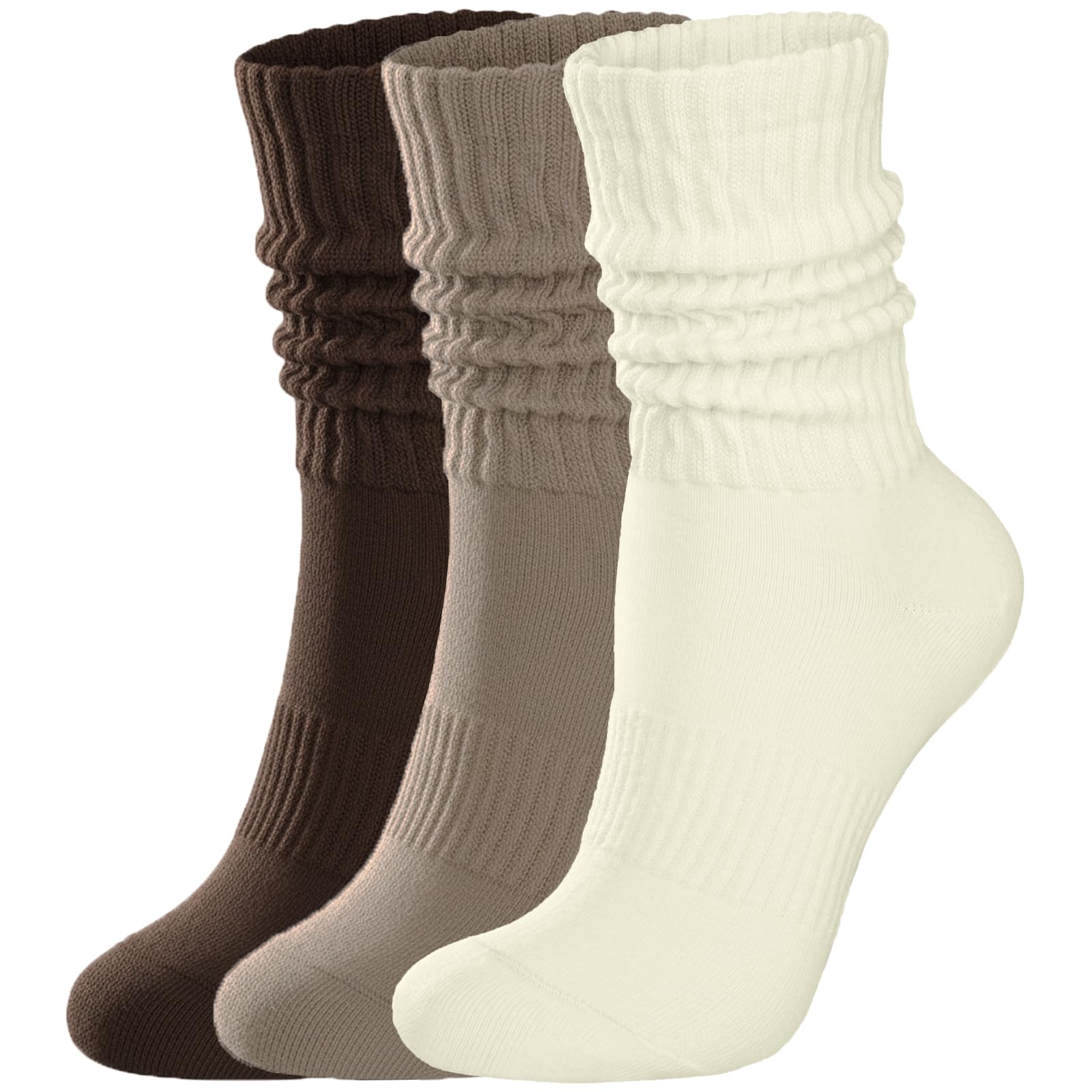 Womens Scrunch Crew Socks: Retro Solid Slouch Mid Calf Socks - Cotton Casual Athletic Socks: 6-11 C06-brown/Khaki/Cream