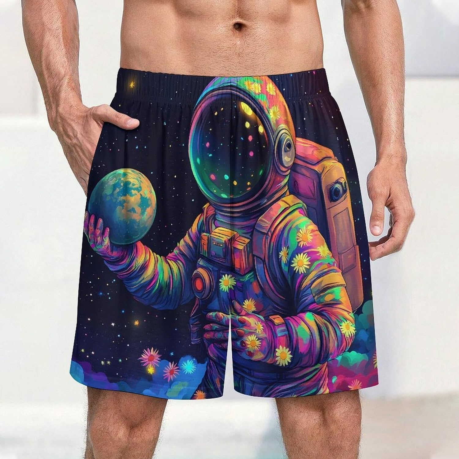 Colorful Astronaut Planet Mens Pajama Shorts Drawstring Pajama Pants Pj Bottoms with Pockets