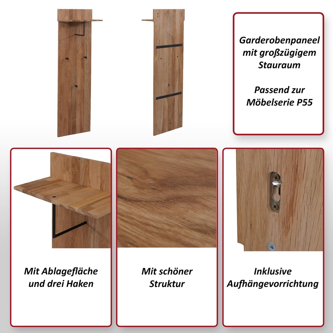 MCA Garderobenpaneel HWC-P55 Massiv-Holz Ablagefläche Haken, Eiche