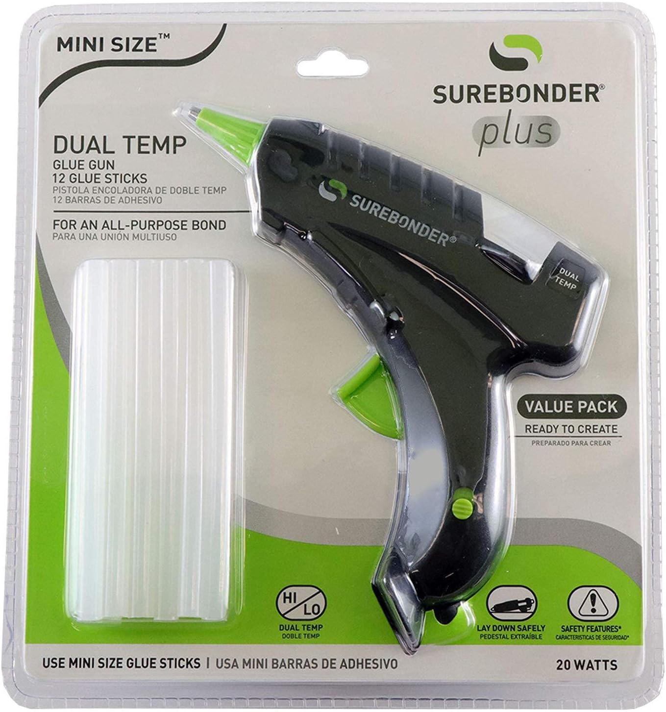 Surebonder Mini Hot Glue Gun With Dual Temperature, Includes 12 Glue Sticks, 20W, 120V, Bond a Variety of Materials Including Delicate Fabrics and Strong Woods & Metals (Plus Series DT-200FKIT)
