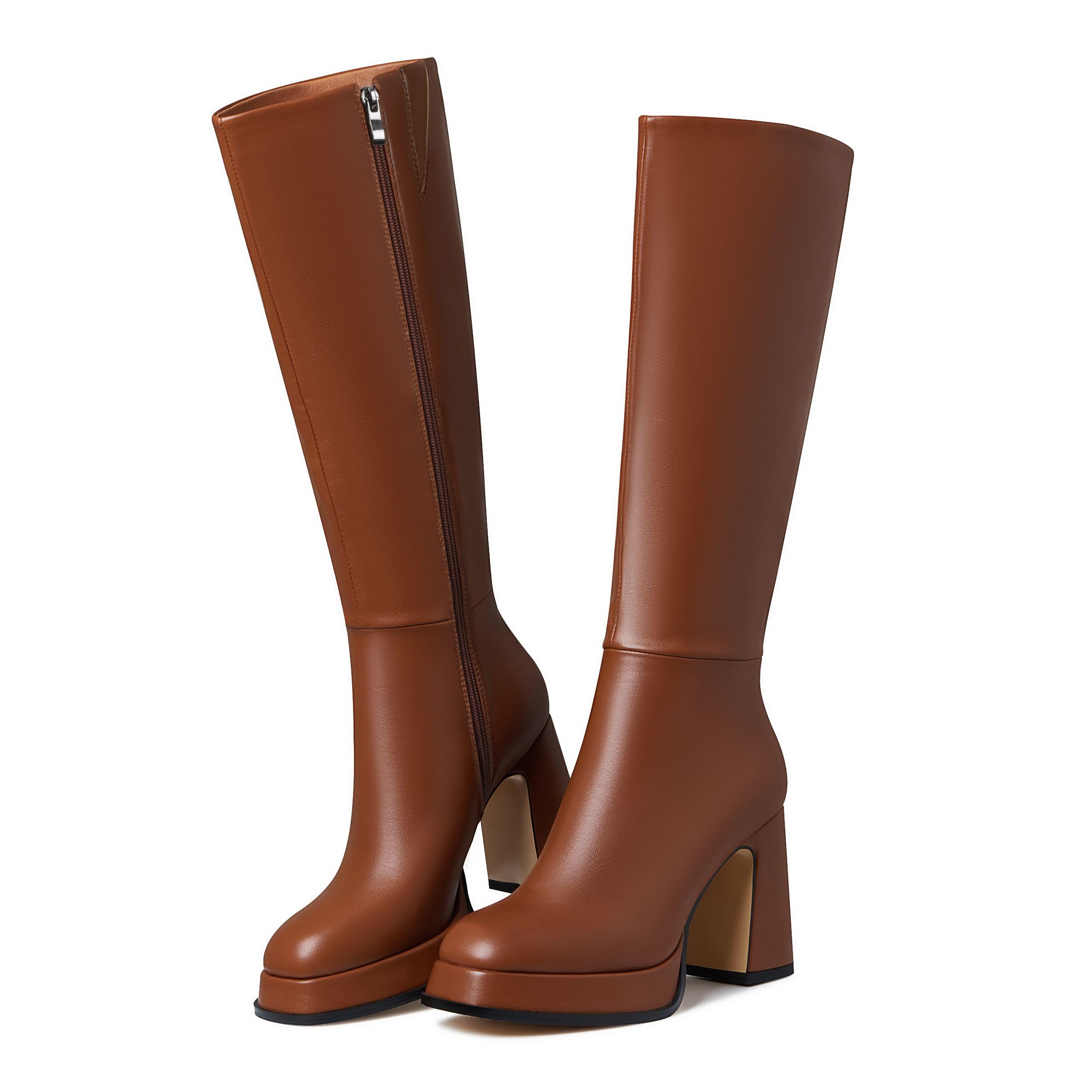 EQAUDES Platform Knee High Boots For Women Tall Fall Chunky Heel Boot | Wide Calf, Faux Leather, Square Toe, Side Zipper, High Heel Boot, Long Boots, Fall Winter Outfits