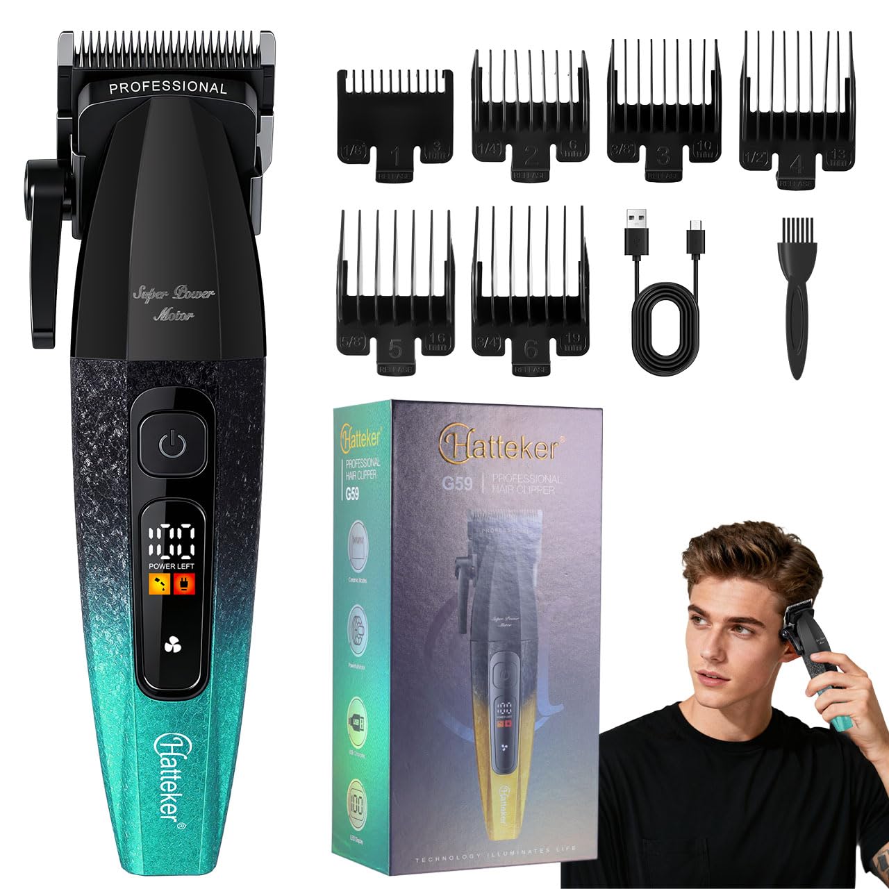 HATTEKER G59 Professional Hair Clipper, 2500mAh Lithium Battery, Ceramic Blade, 5-Level Lever Adjustment, Powerful Motor, Type-C USB Charging, LED Display, 180 Minutes Runtime, 6 GuideCombs GREEN-image-30