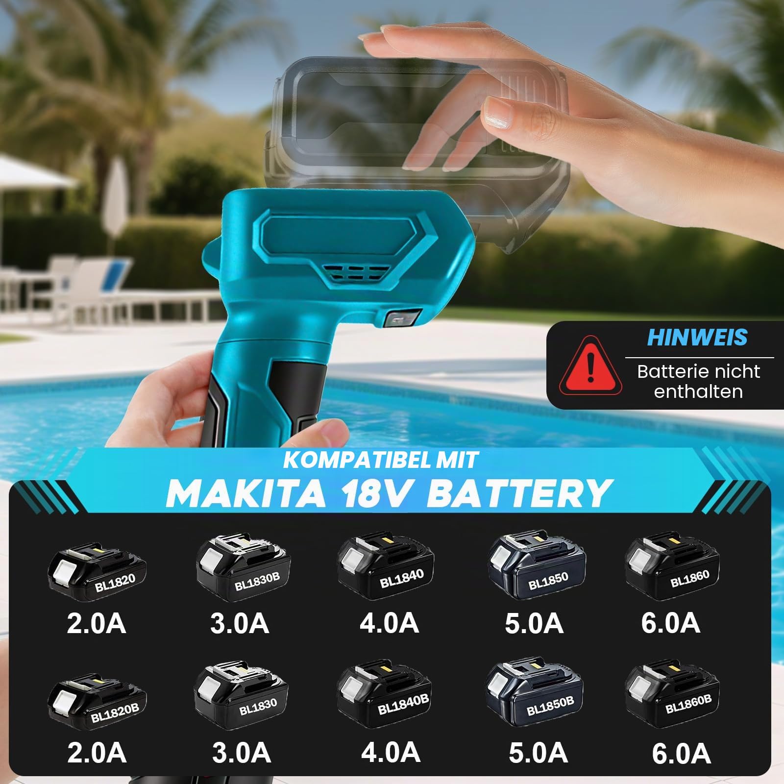 Akku Regenfasspumpe, kompatibel mit Makita 18V-Akku (ohne Batterie), 90 l/min Durchfluss, tragbare selbstansaugende pumpe mit 1,5 m Schlauch und Düse, für Pool, Garten, Teich, Fassentleerung