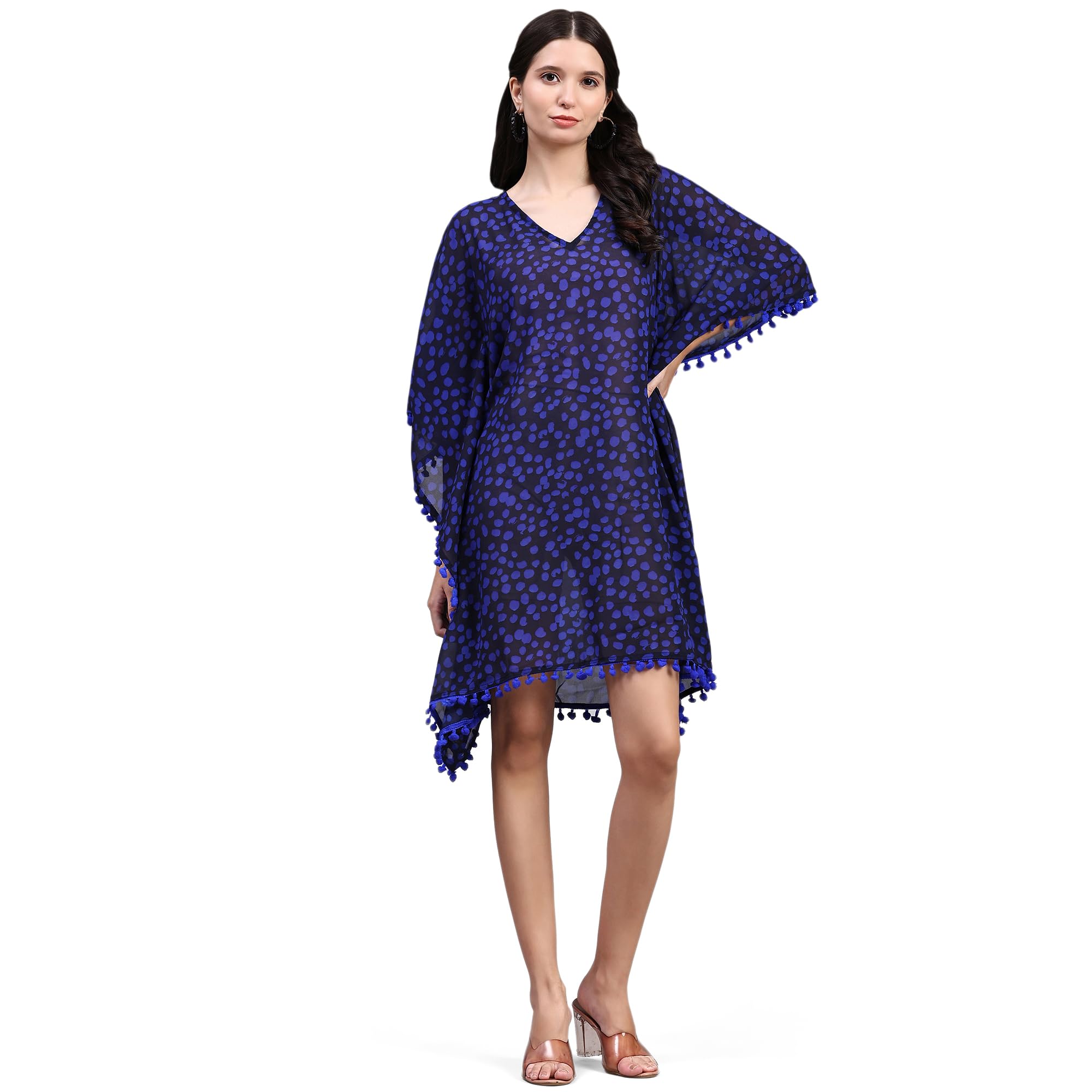 TrendifWomen's Blue Faux Georgette Cheetah Print Kaftan/Beach Coverup/Bikini Coverup/Kaftan Coverup/Body Coverup Top - 4317