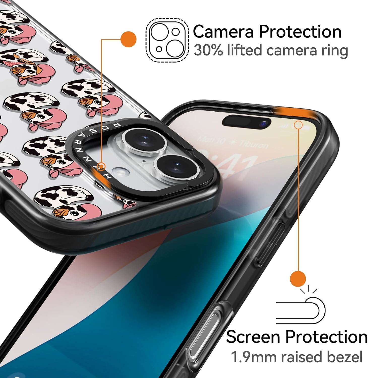 Compatible for iPhone 16 Case Cute - Durable Shockproof 6.6 ft Drop Impact Phone Case - Black Funny Milk Cow Ducky Design for iPhone 16 6.1" - Image 3