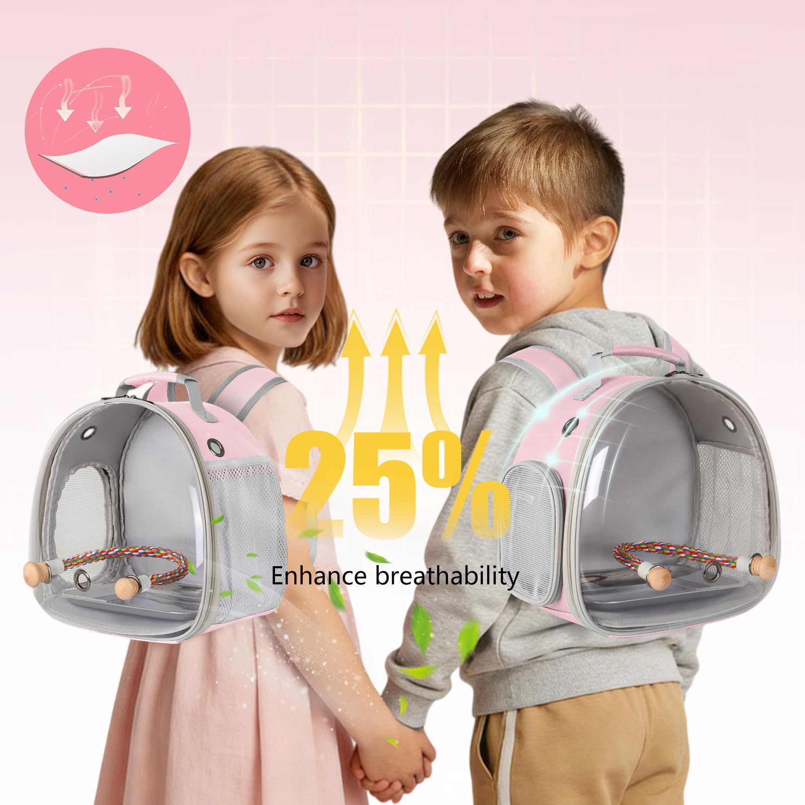 Mochila de viaje para pájaros pequeños, mochila para transportar mochila con bandeja de metal, soporte para periquitos, cacatúas, periquitos, veterinarios, bolsa de libros (rosa)