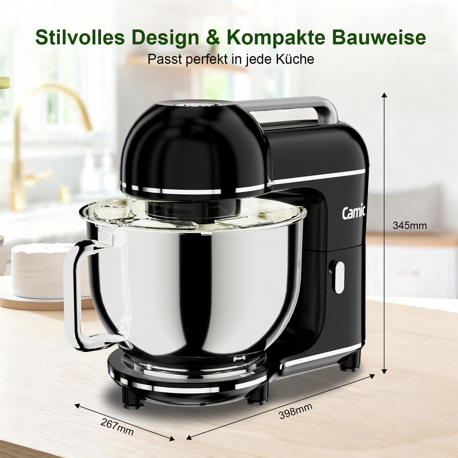 Camic Küchenmaschine - 2000W - Teigmaschine 10 Stufen mit Tragegriff, Edelstahl Rührschüssel (7L), Knetmaschine mit Rührhaken, Knethaken, Schlagbesen und Spritzschutz