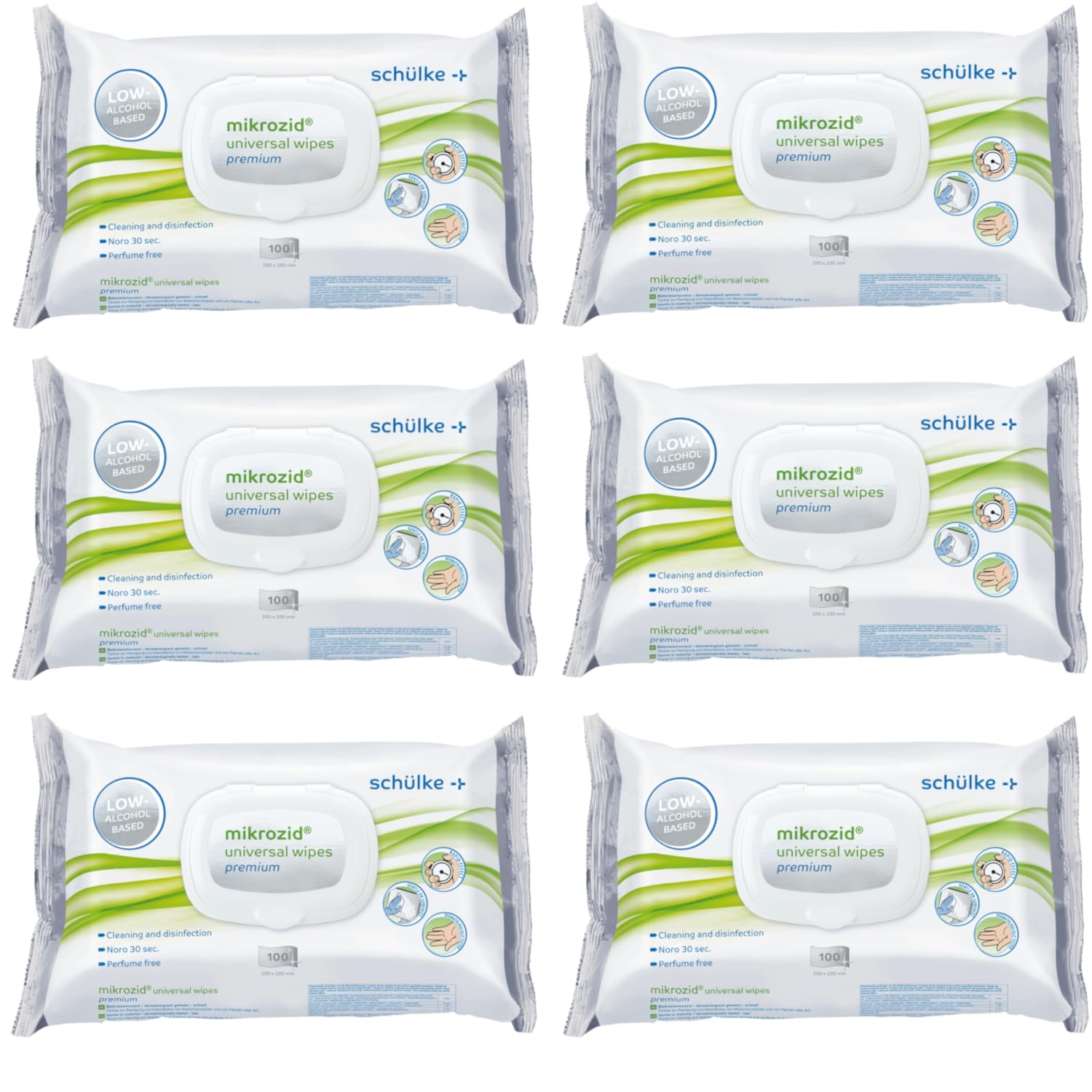 Schülke Mikrozid Universal Wipes Premium Desinfektionstücher, gebrauchsfertige Tücher zur Flächendesinfektion, 6 x 100 Tücher