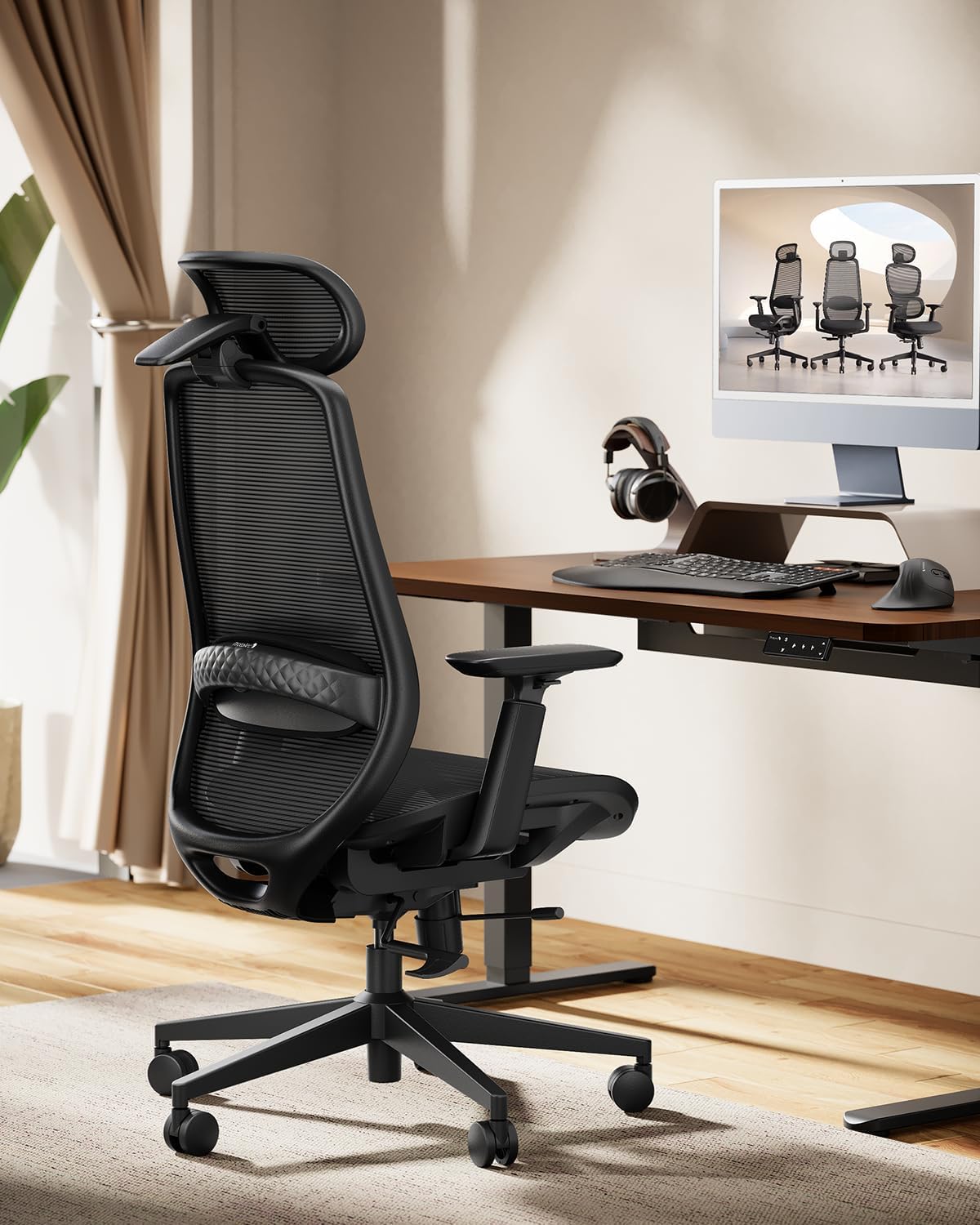 ProtoArc EC200 Pro Ergonomisch Netz-Bürostuhl mit Verstellbarer Sitztiefe | Schreibtischstuhl mit 4D-Armlehnen, Lendenwirbelstütze Höhen- und Tiefenverstellbarer, 3D-Kopfstütze für Homeoffice, Schwarz