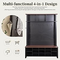 Vista 7 de Versátil árbol de pasillo 4 en 1 con 6 ganchos, práctico banco de entrada de nogal con estantes ajustables, zapatero de madera con 16 compartimentos