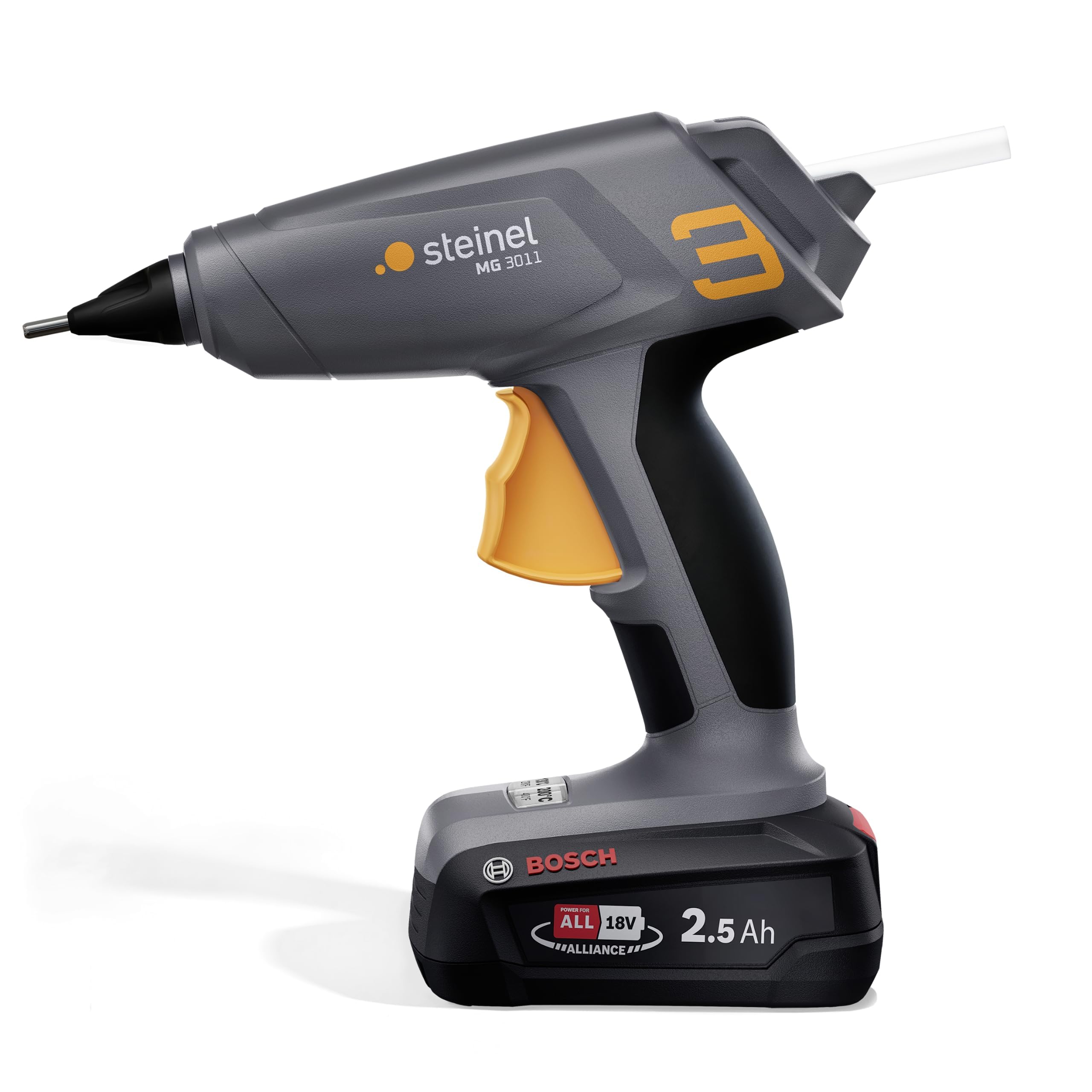 Steinel Akku Heißklebepistole MobileGlue 3011, für Bosch PFA 18V System, inkl. 3x Heißklebesticks, in 90 Sek. startklar, Klebepistole kabellos, 2 Temperaturstufen 130°C/200°C