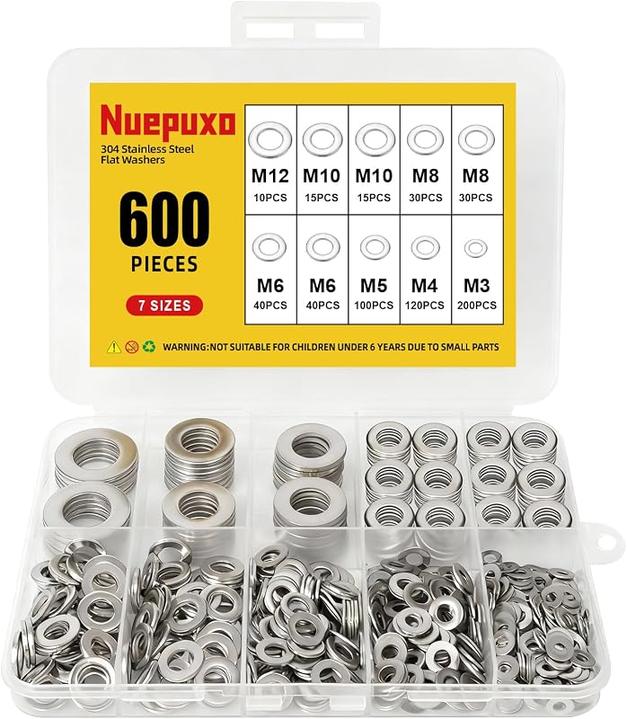 600PCS Flat Washers Assortment Kit, 304 Stainless Steel Washers | Fender Washers, Assorted Sizes (M3 M4 M5 M6 M8 M10 M12) Washers for Screws and Bolts, Automotive Industrial Home Use