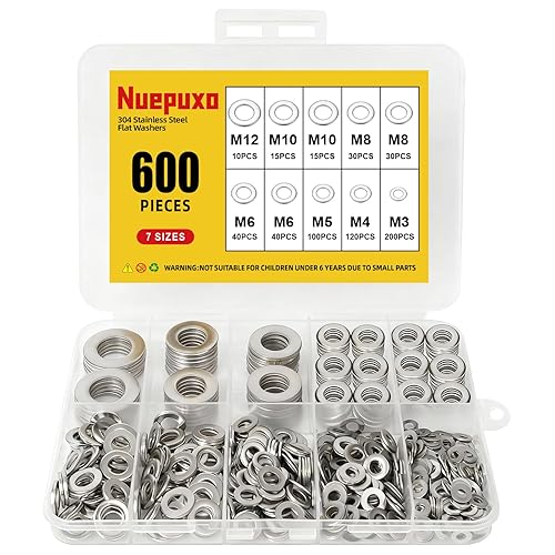Nuepuxo Juego surtido de 600 arandelas planas de acero inoxidable 304, 7 tamaños (M3 M4 M5 M6 M8 M10 M12) arandelas planas para tornillos, pernos,